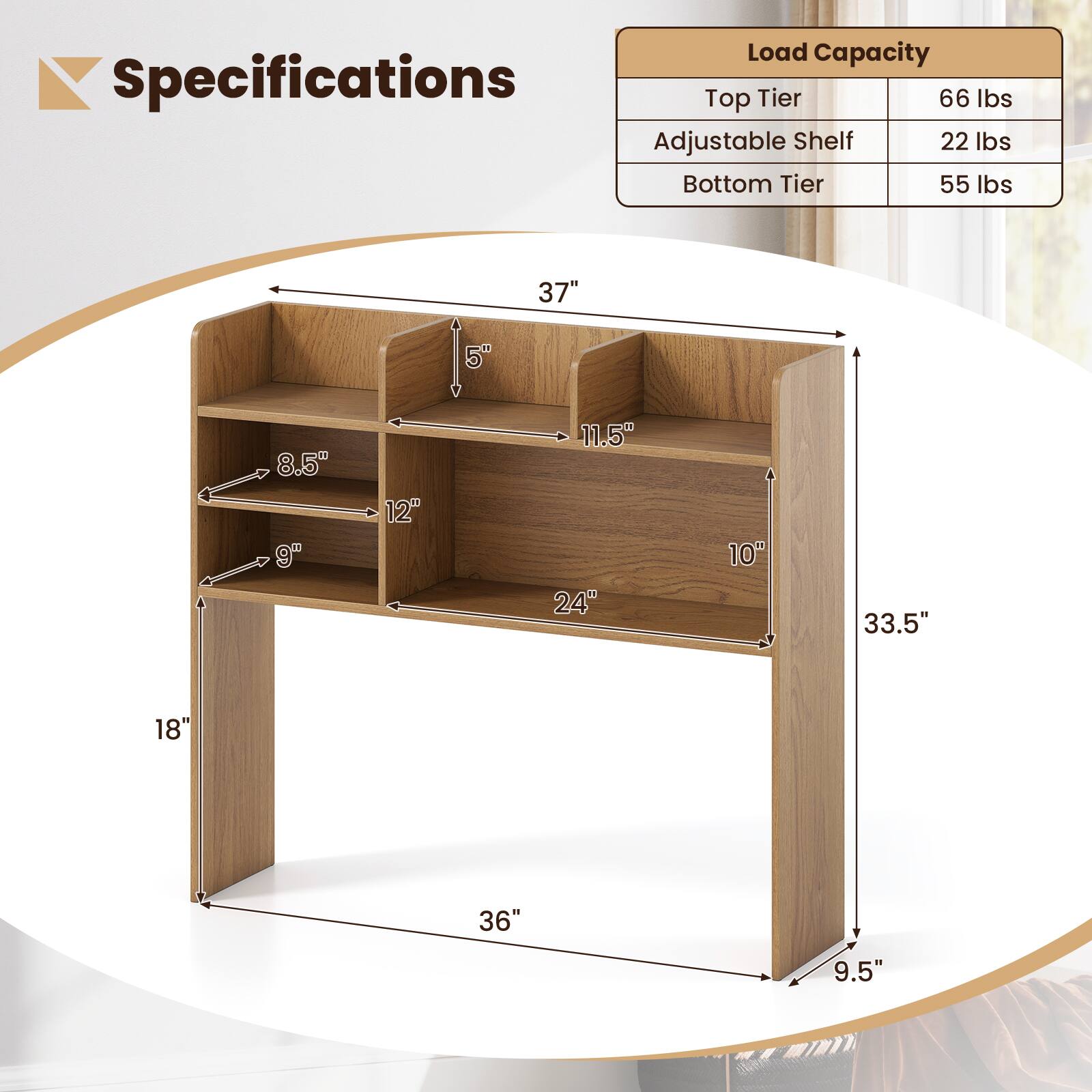 Load Capacity Specifications  
Top Tier: 66 lbs  
Adjustable Shelf: 22 lbs  
Bottom Tier: 55 lbs  

Dimensions:  
- Width: 37"  
- Depth: 11.5"  
- Height: 33.5"  
- Shelf Depth: 10"  
- Shelf Spacing: 5", 8.5", 12", 9"  
- Overall Height: 36"  
- Overall Width: 36"  
- Overall Depth: 18"  
- Bottom Shelf Depth: 24"  
- Bottom Shelf Height from Floor: 9.5"