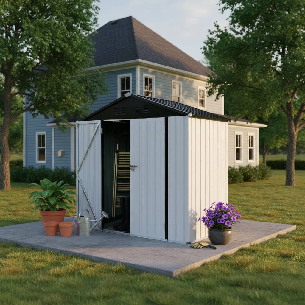 Angle. Anysun - 6x4 Ft Metal Outdoor Storage Shed with Apex Roof, White & Black Garden Tool Shed for Backyard - White.