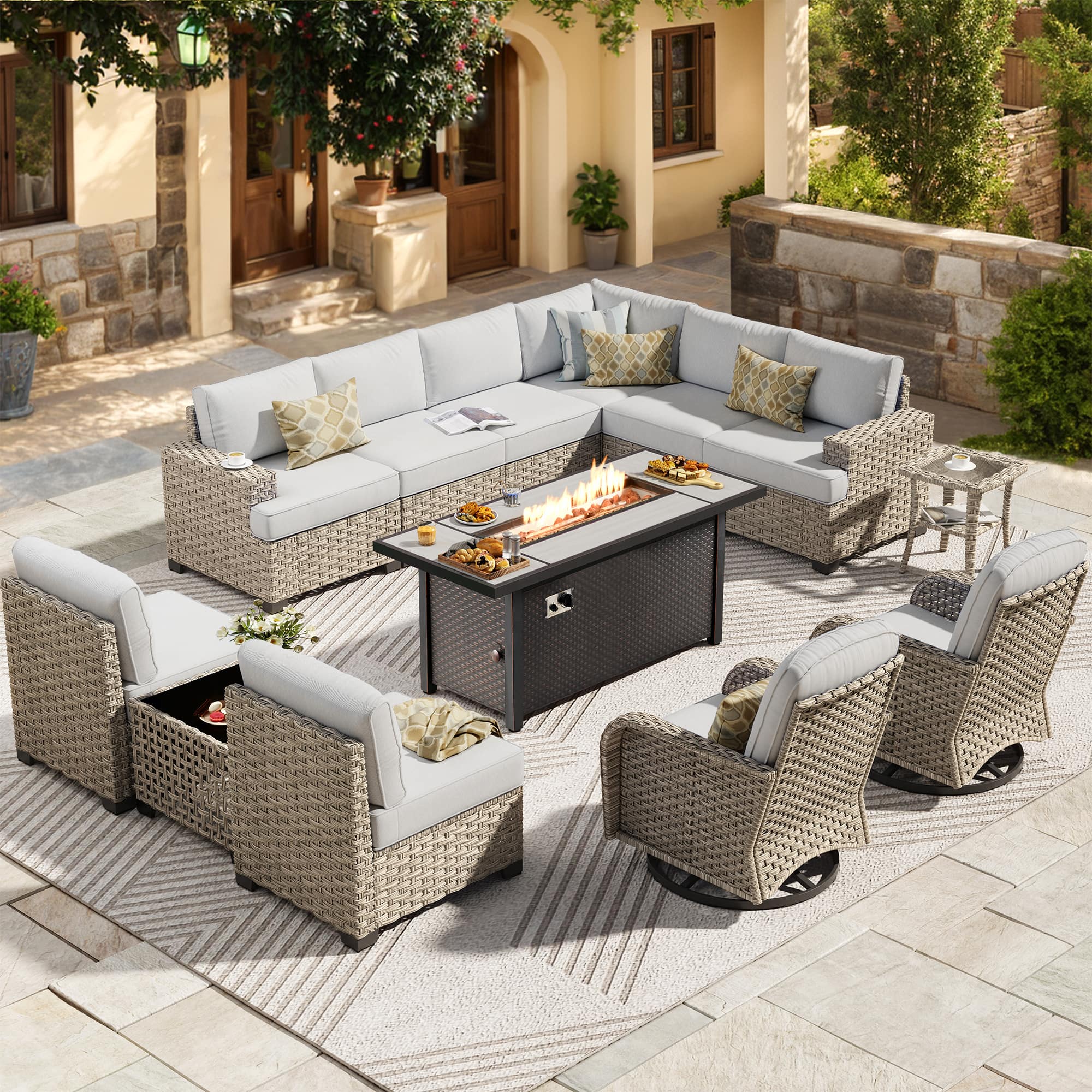 Ovios - 13 PCS Outdoor Patio Furniture Sectional Sofa Set with Swivel Chairs & 54“ Fire Pit Table - Gray