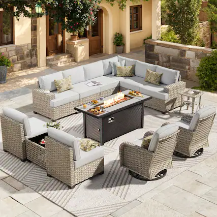 Front. Ovios - 13 PCS Outdoor Patio Furniture Sectional Sofa Set with Swivel Chairs & 54“ Fire Pit Table - Gray.