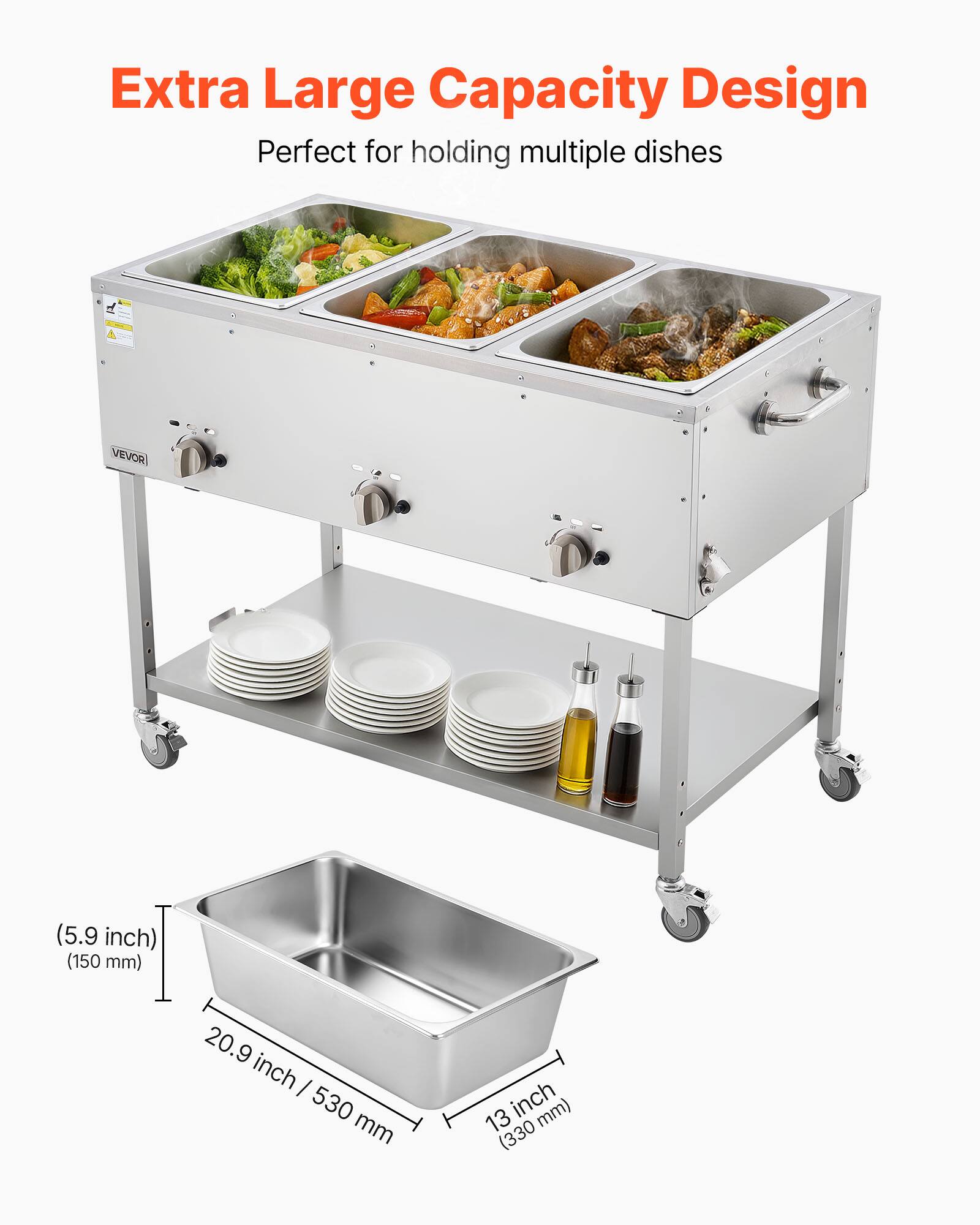 Extra Large Capacity Design  
Perfect for holding multiple dishes  

(5.9 inch) (150 mm)  
20.9 inch / 530 mm  
13 inch (330 mm)