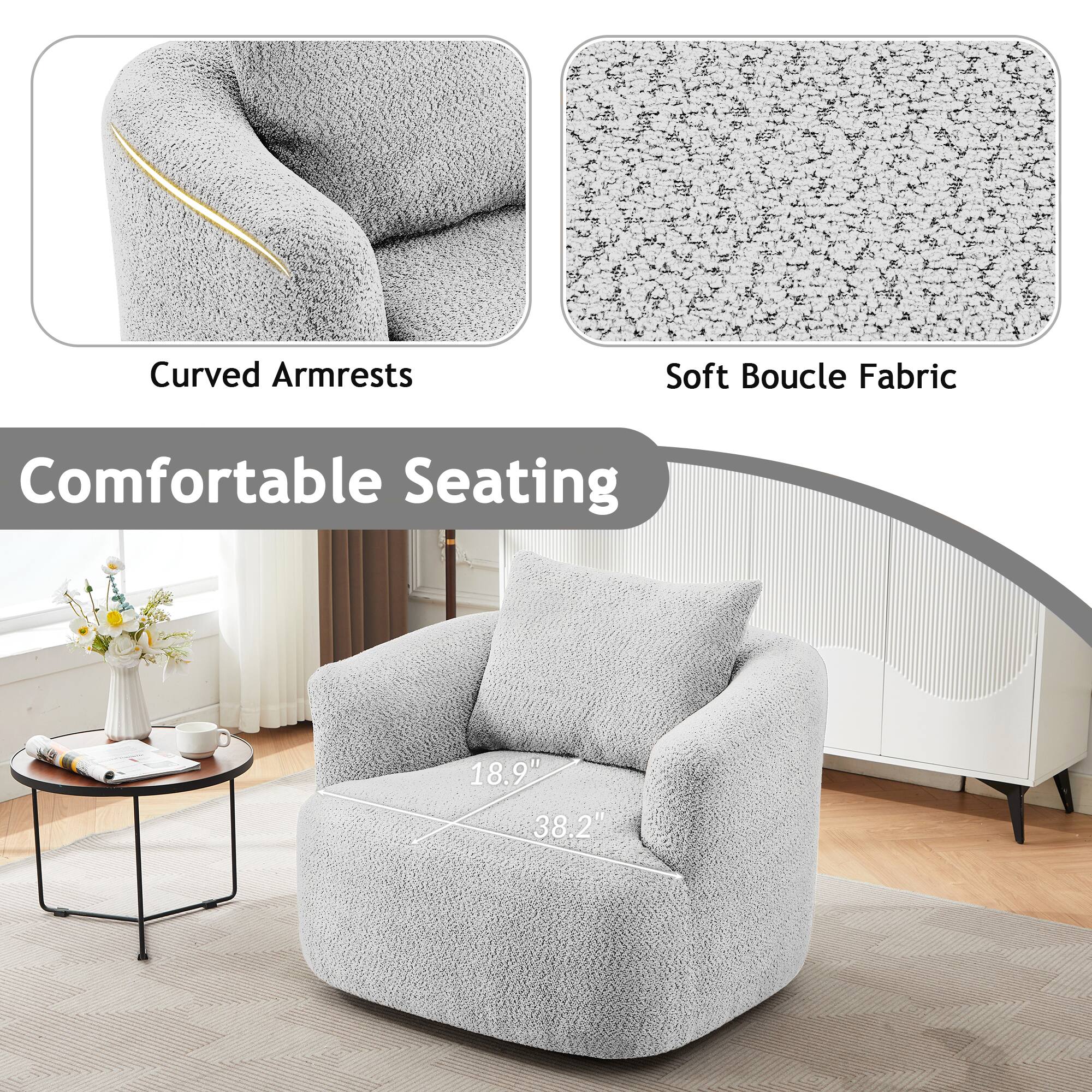Curved Armrests  
Soft Boucle Fabric  
Comfortable Seating  
18.9" x 38.2"