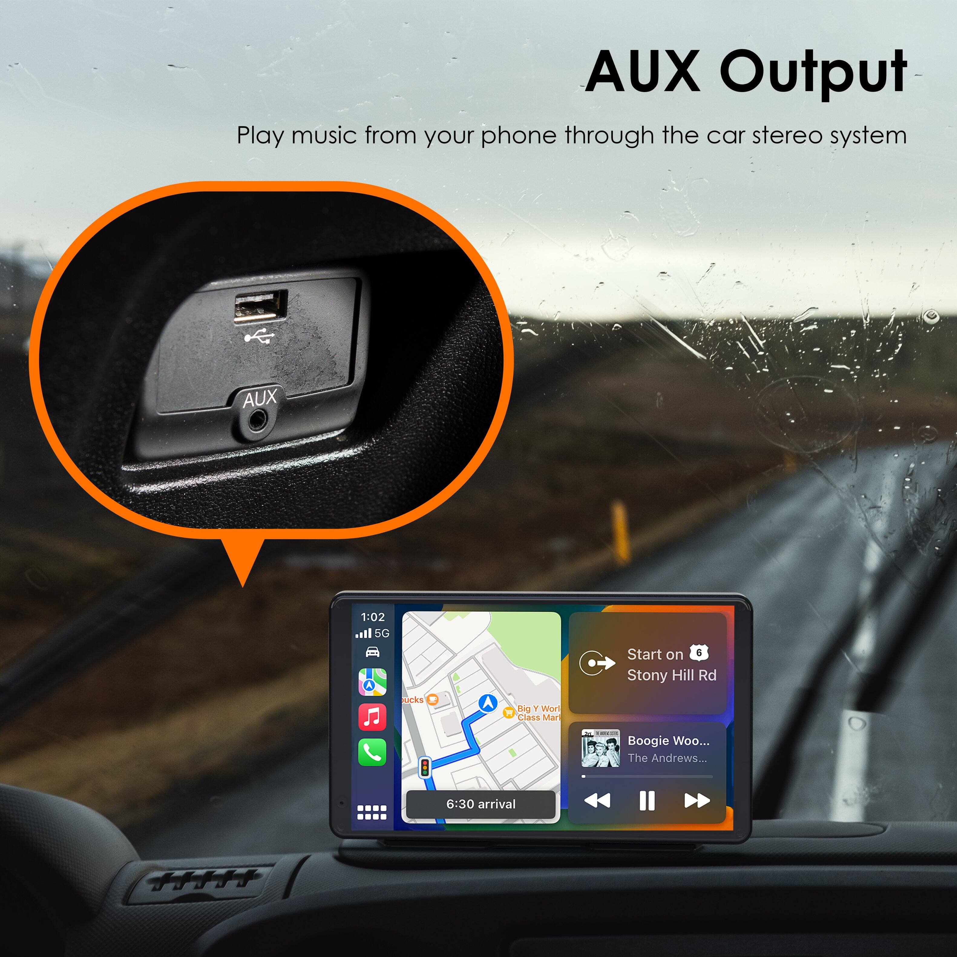 AUX Output
Play music from your phone through the car stereo system

AUX
1:02
l 5G
nAkS A Rig . Wor M Class Man
Start on 8 Stony Hill Rd - - Boogie Woo... The Andrews...
6:30 arrival