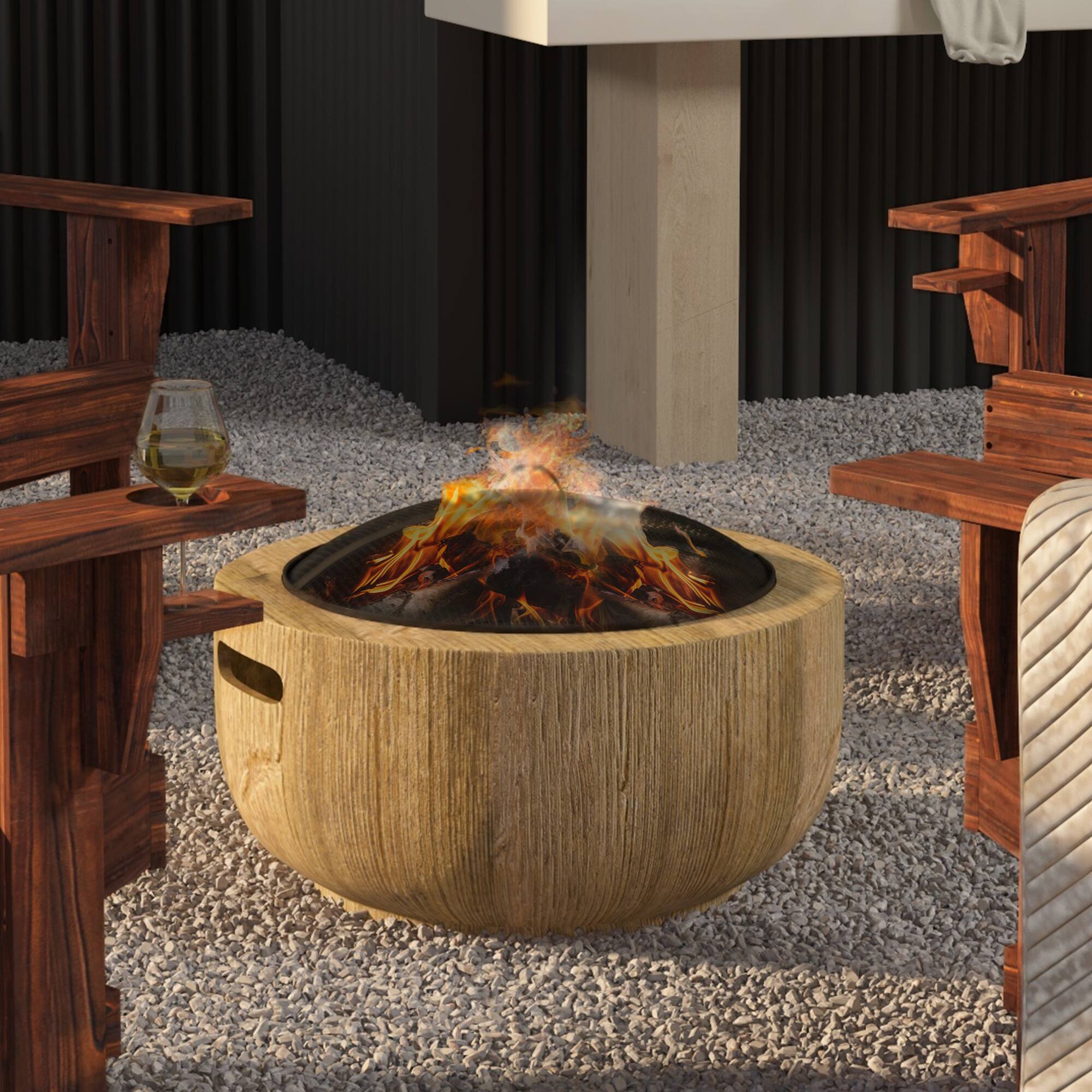 Alt View 8. Outsunny - Fire Pit, 24 Inch Metal Wood Burning Fireplace with Spark Cover, Poker, Woodgrain Design - Brown.