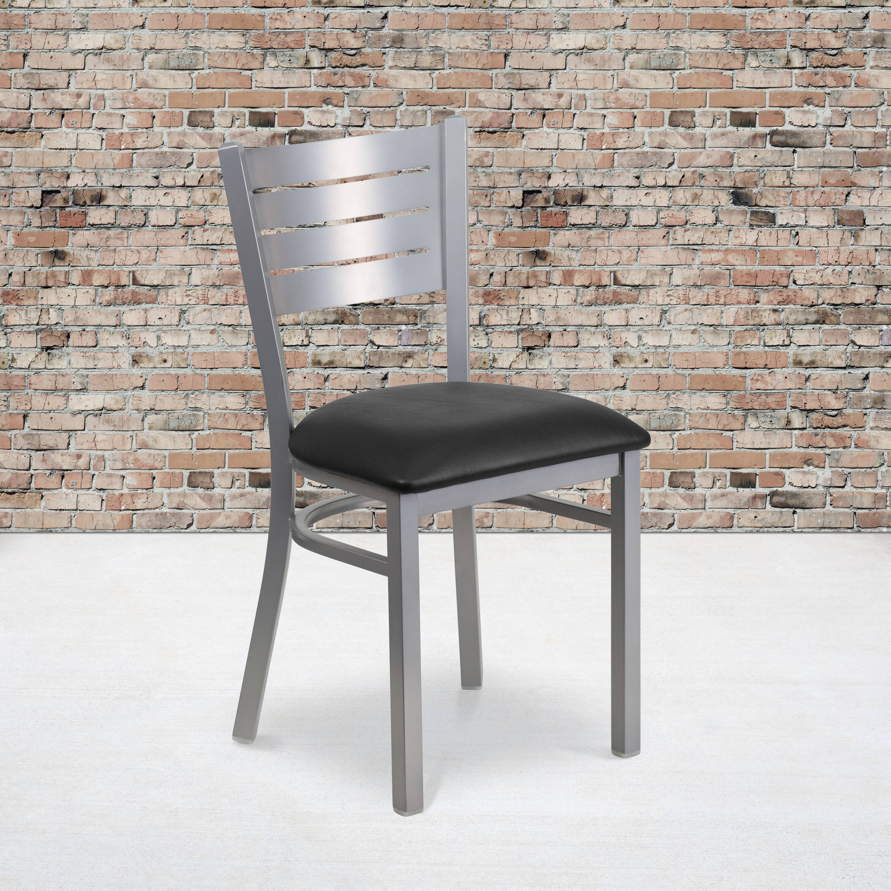 Alt View 2. Emma + Oliver - 2 Pack Silver Slat Back Metal Restaurant Chair - Black Vinyl Seat/Silver Frame.
