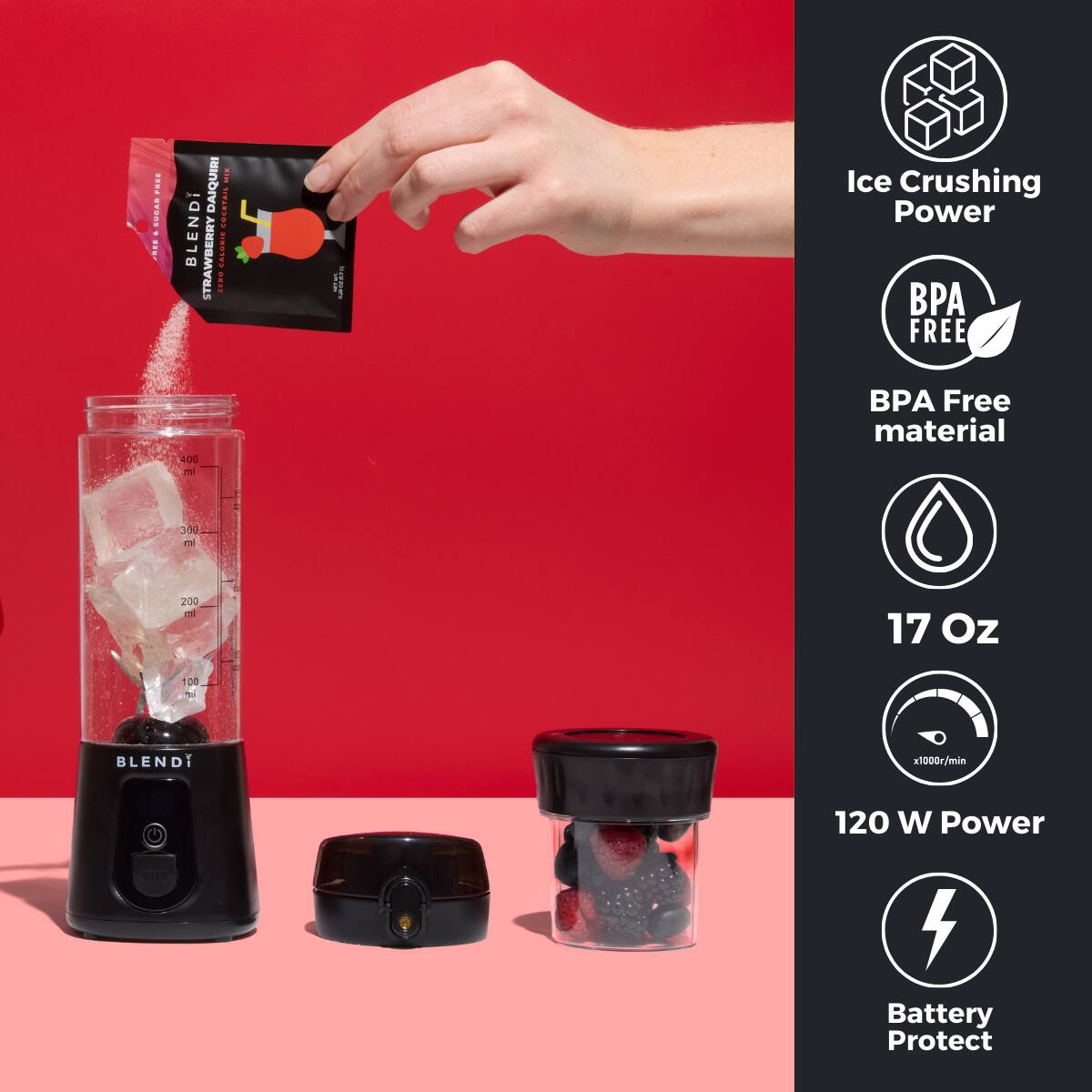 - Ice Crushing Power
- BPA Free material
- 17 Oz
- 120 W Power
- Battery Protect