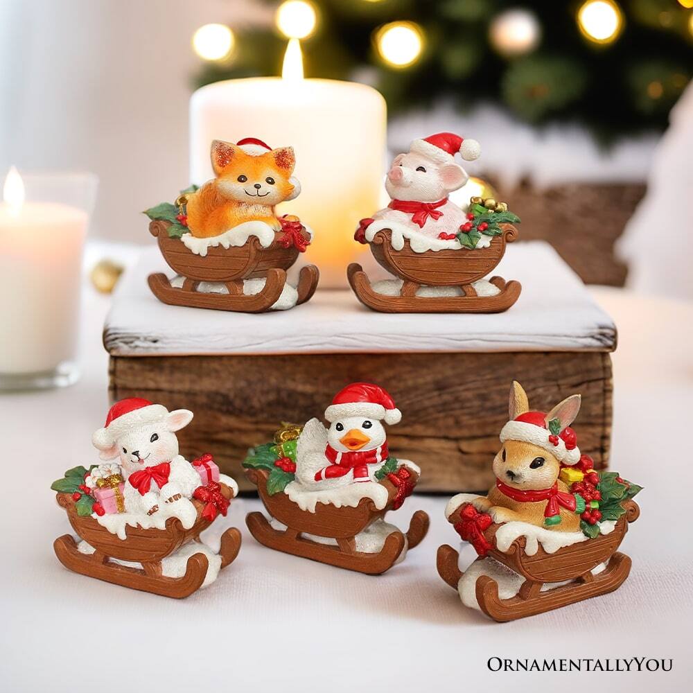 Back. OrnamentallyYou - Christmas Critters Animals on Sleighs Set of Five Figurines, 5" Tabletop Holiday Animal Decor - Multicolored.