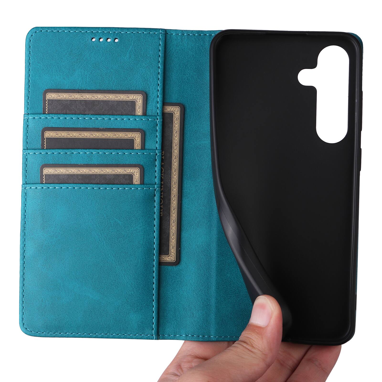 Angle. Dteck - Folio Case for Samsung Galaxy S25,Wallet Case with Card Holder for Women Men,Shockproof PU Leather Flip Kickstand Cover - Bluegreen.