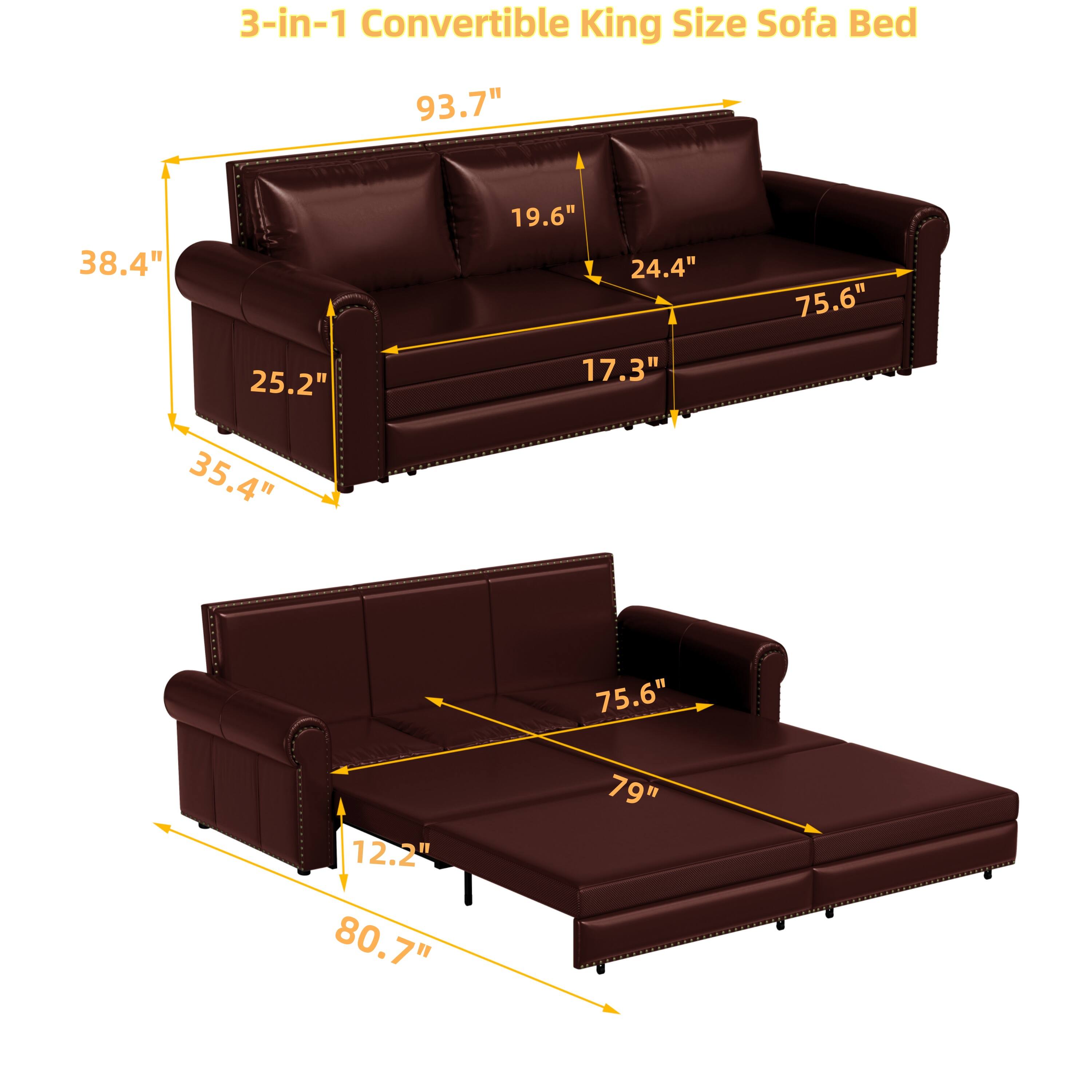 3-in-1 Convertible King Size Sofa Bed  
93.7" x 38.4" x 19.6"  
24.4" x 75.6" x 25.2"  
17.3" x 35.4" x 75.6"  
12.2" x 80.7" x 79"