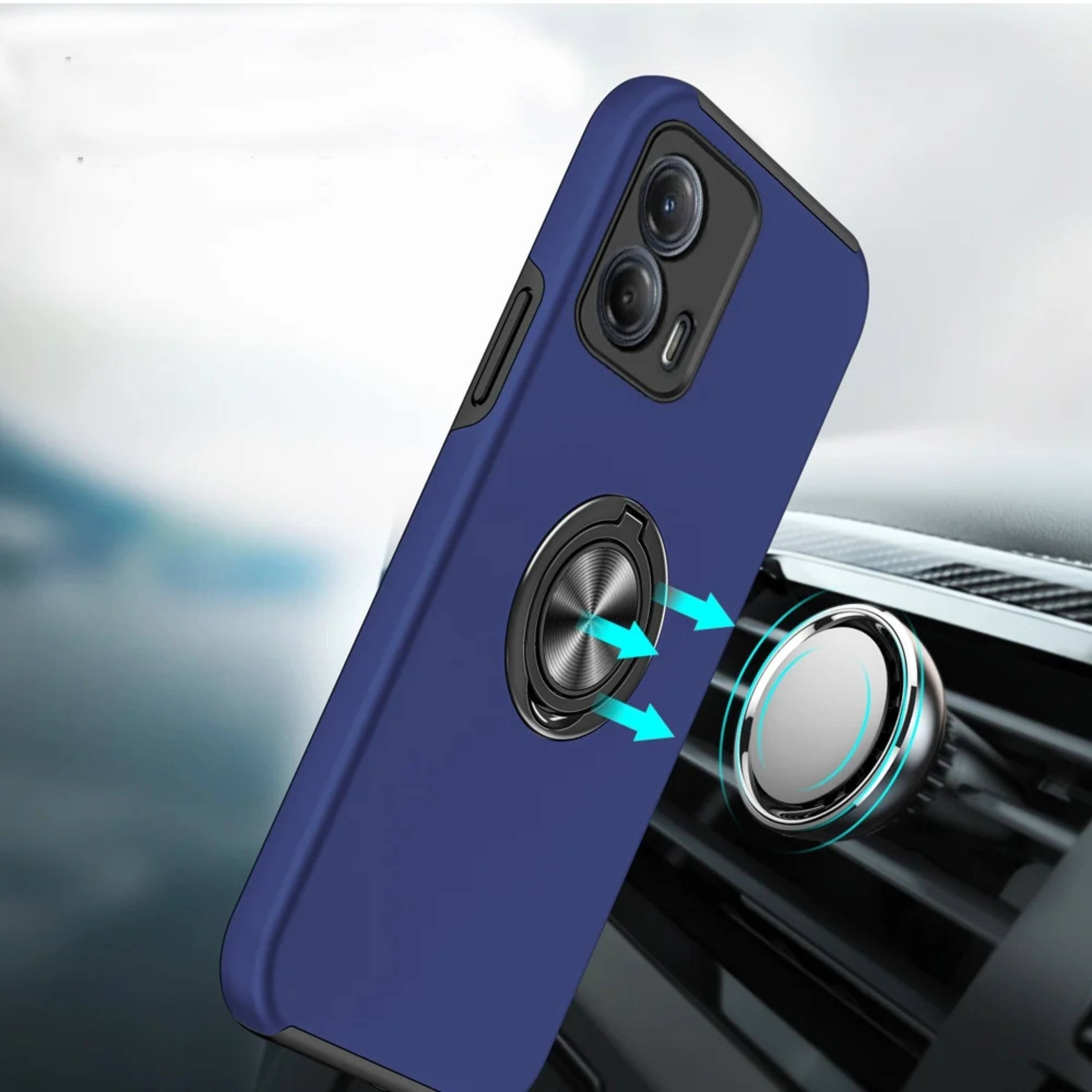 Left. Kitcheniva - Rubber Dual Layer Case For Moto G Power 5G 2024 With Magnetic Ring Stand And Tempered Glass Blue - Dark Blue.