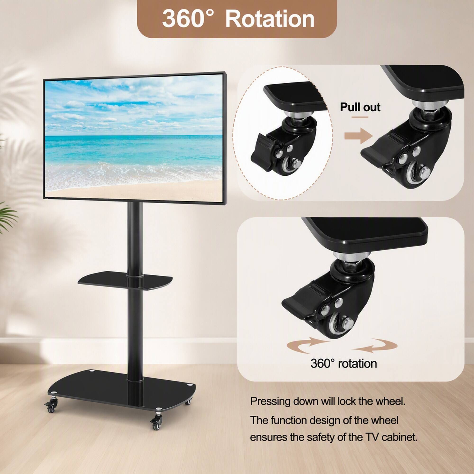 360° Rotation

Pull out

360° rotation

Pressing down will lock the wheel. The function design of the wheel ensures the safety of the TV cabinet.
