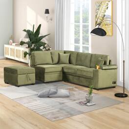 LUCKY ONE - 84.75" 2-in-1 Pull-Out L-Shape Sleeper Sofa Bed w/ Storage Ottoman for Apartment - Green