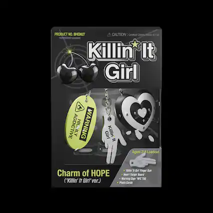 PRODUCT NO. BHE0627
CAUTION: Certified CharmuRated 10/10
HOPESTRIKE Command
Killin' It Girl
ADDICTIVE HIGHLY WARNING Girl Killin' It
8 I 9 9 - 9 8
Agent 218 Loadout
Charm of HOPE ('Killin' It Girl' ver.)
Killin' Girl
Killin' II Girl
Finger Gun
Heart Target Board
Warning Sign
NFC TAG
Photo Cards