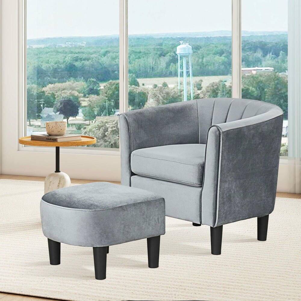 Left. Kadyn - Velvet Upholstered Barrel Club Chair with Matching Ottoman Footstool, Gray - Beige.