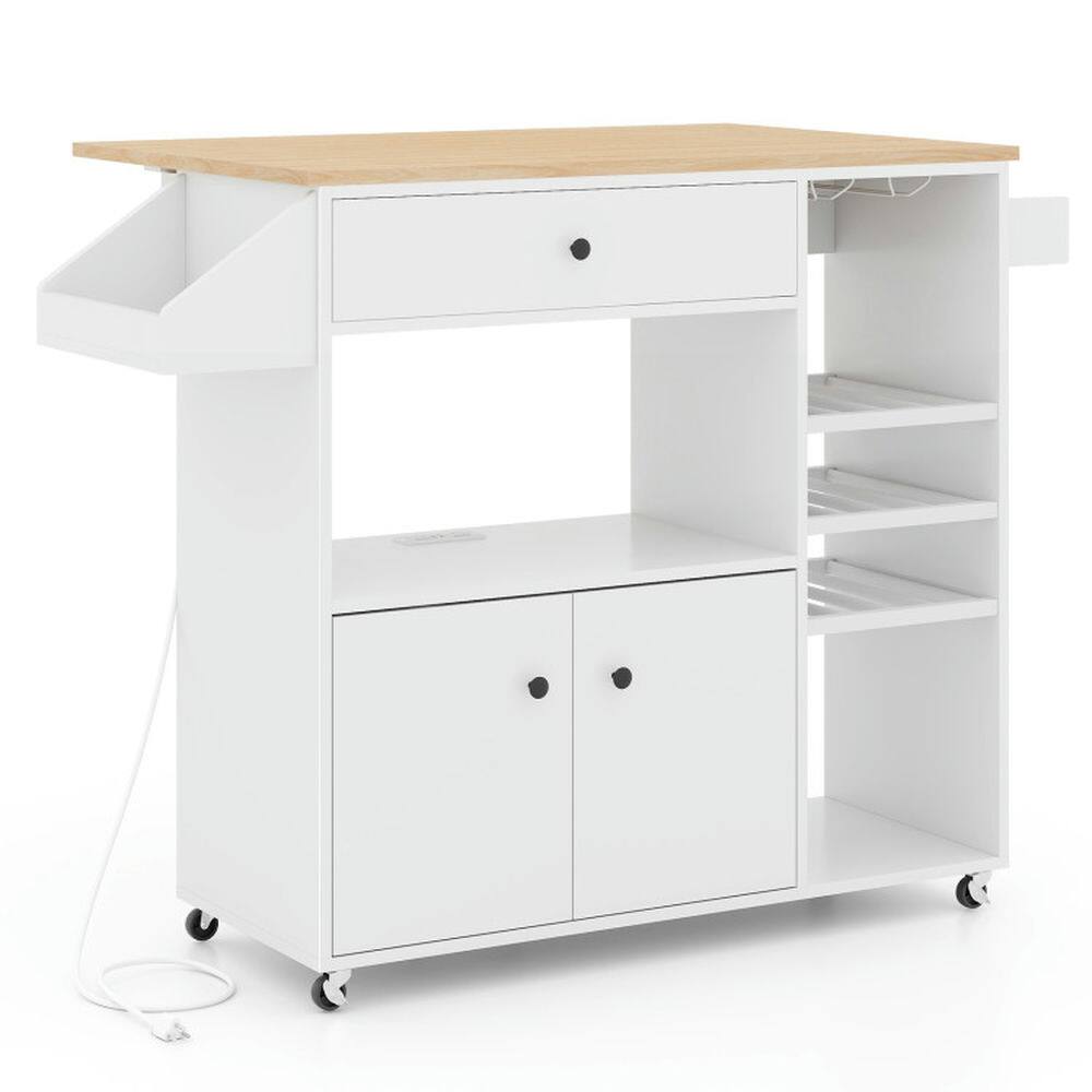 Angle. Kadyn - Drop Leaf Mobile Kitchen Island Cart with Power Outlet and Adjustable Shelf-White, Kitchen Island, Island Table - White.