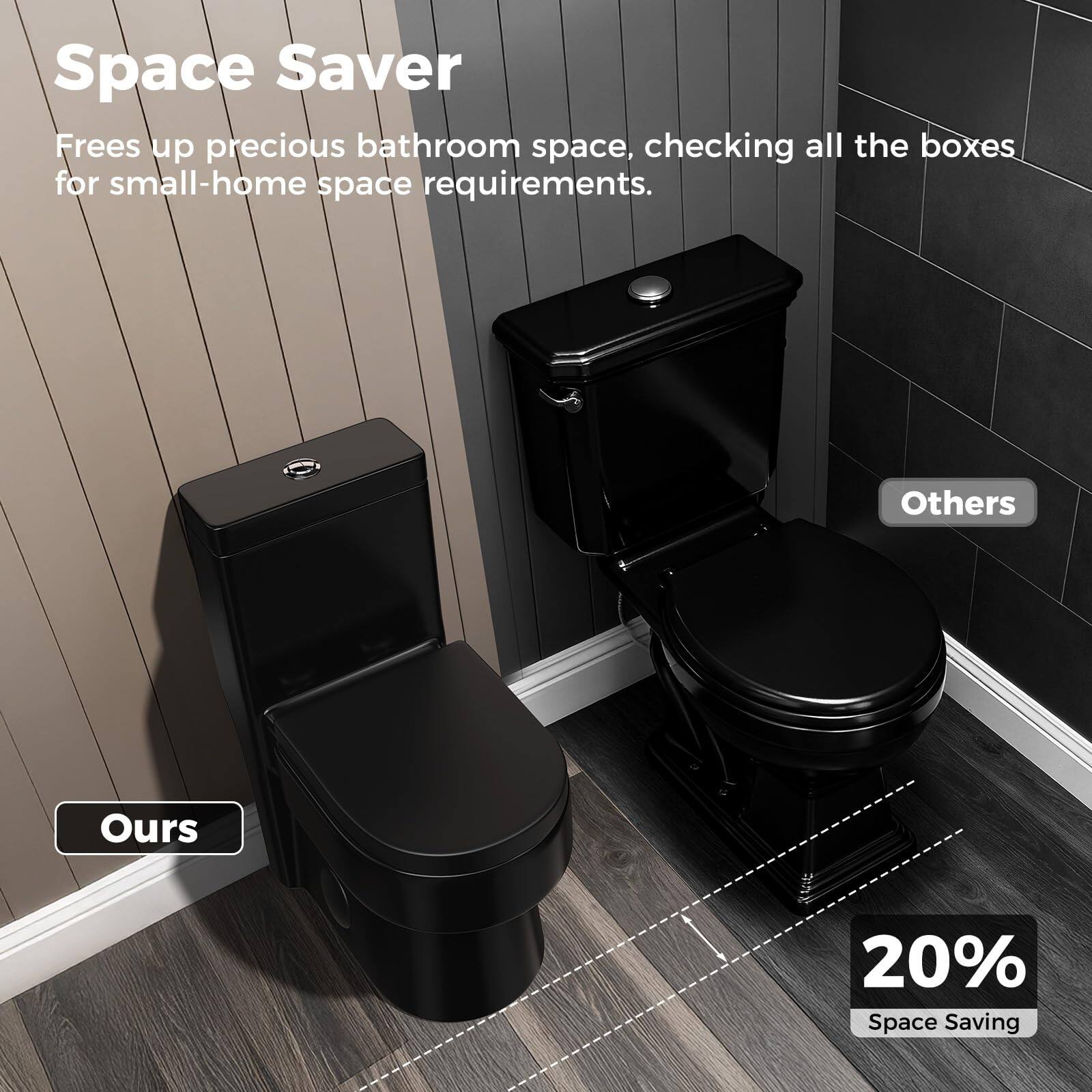 Space Saver  
Frees up precious bathroom space, checking all the boxes for small-home space requirements.  

Ours  
Others  

20% Space Saving