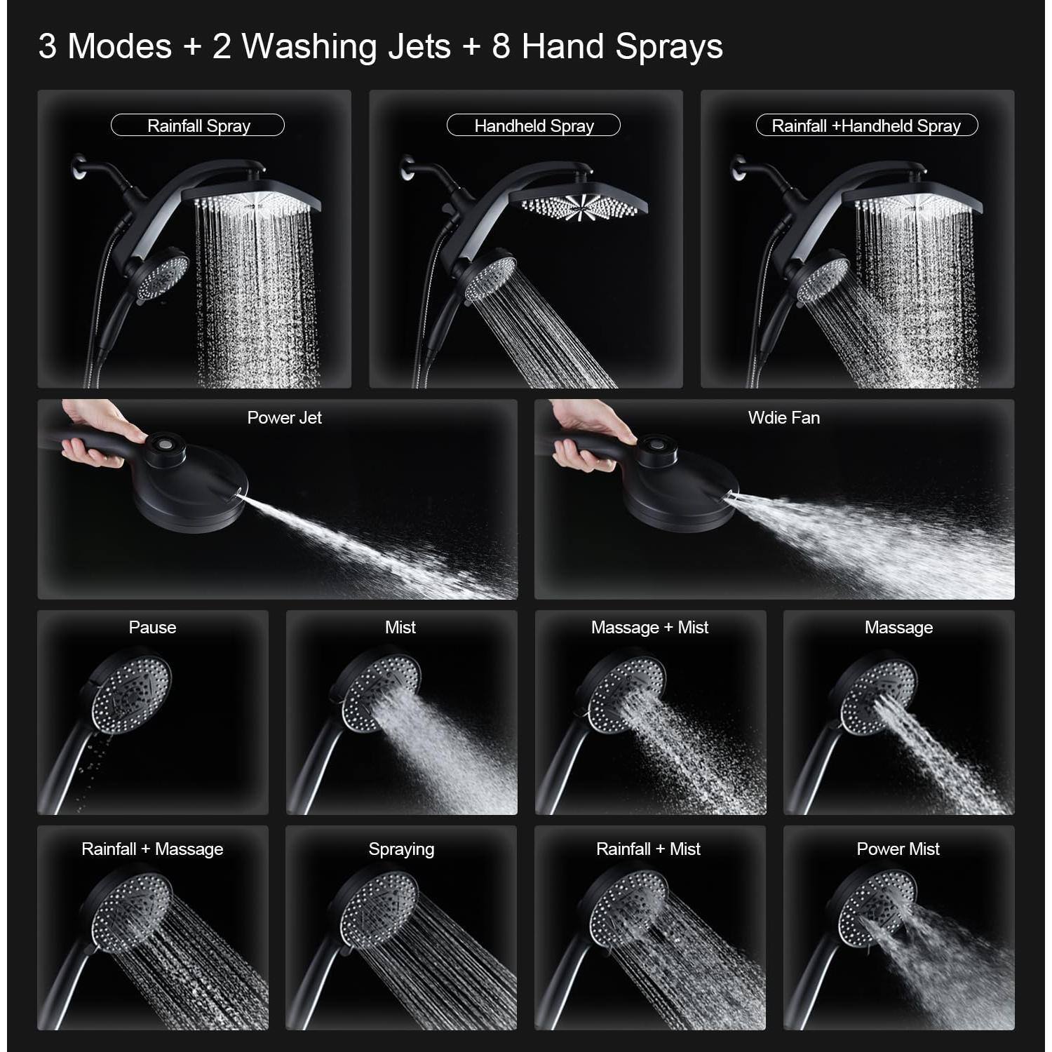 3 Modes + 2 Washing Jets + 8 Hand Sprays

- Rainfall Spray
- Handheld Spray
- Rainfall + Handheld Spray
- Power Jet
- Wide Fan
- Pause
- Mist
- Rainfall + Massage
- Spraying
- Massage + Mist
- Rainfall + Mist
- Power Mist
- Massage