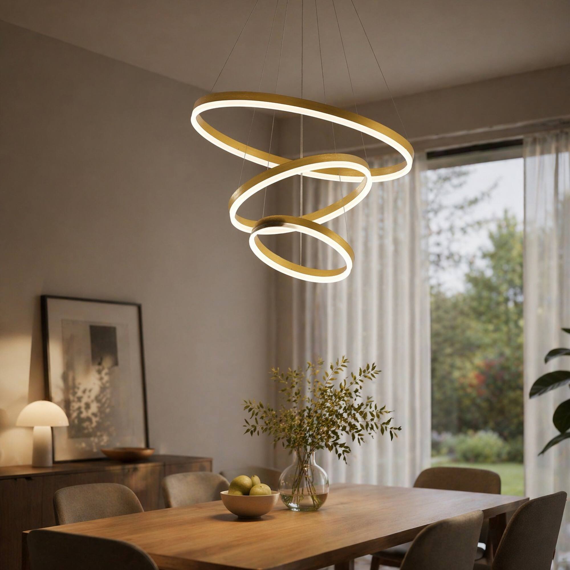 Left. RYHNUYNE - Modern Gold LED Chandelier with Three Interlocking Rings, Dimmable Remote Control, Adjustable Height Pendant Light.