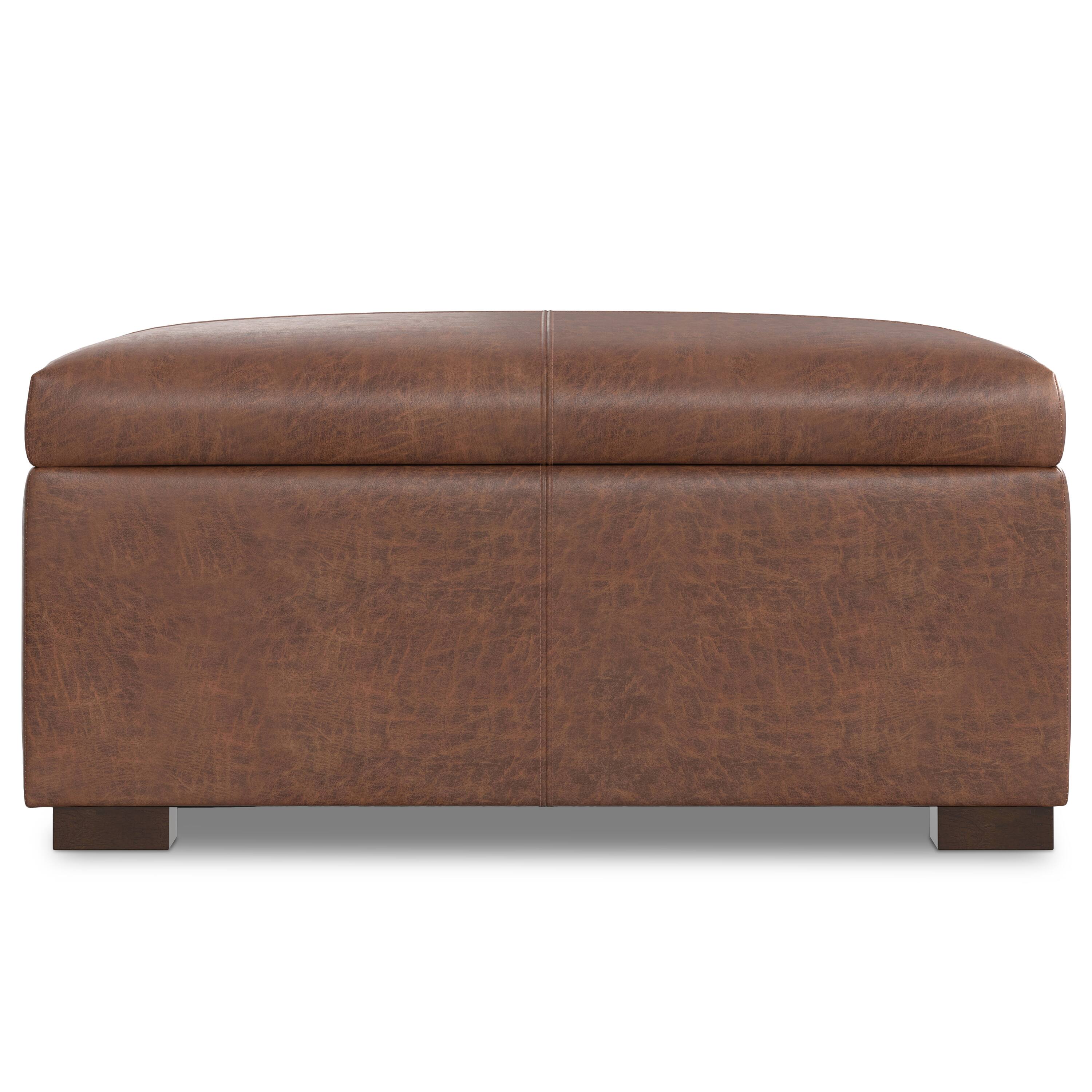 Left. Simpli Home - Gabbie 36 inch Wide Square Coffee Table Storage Ottoman in Distressed Saddle Brown Vegan Leather - Distressed Saddle Brown.