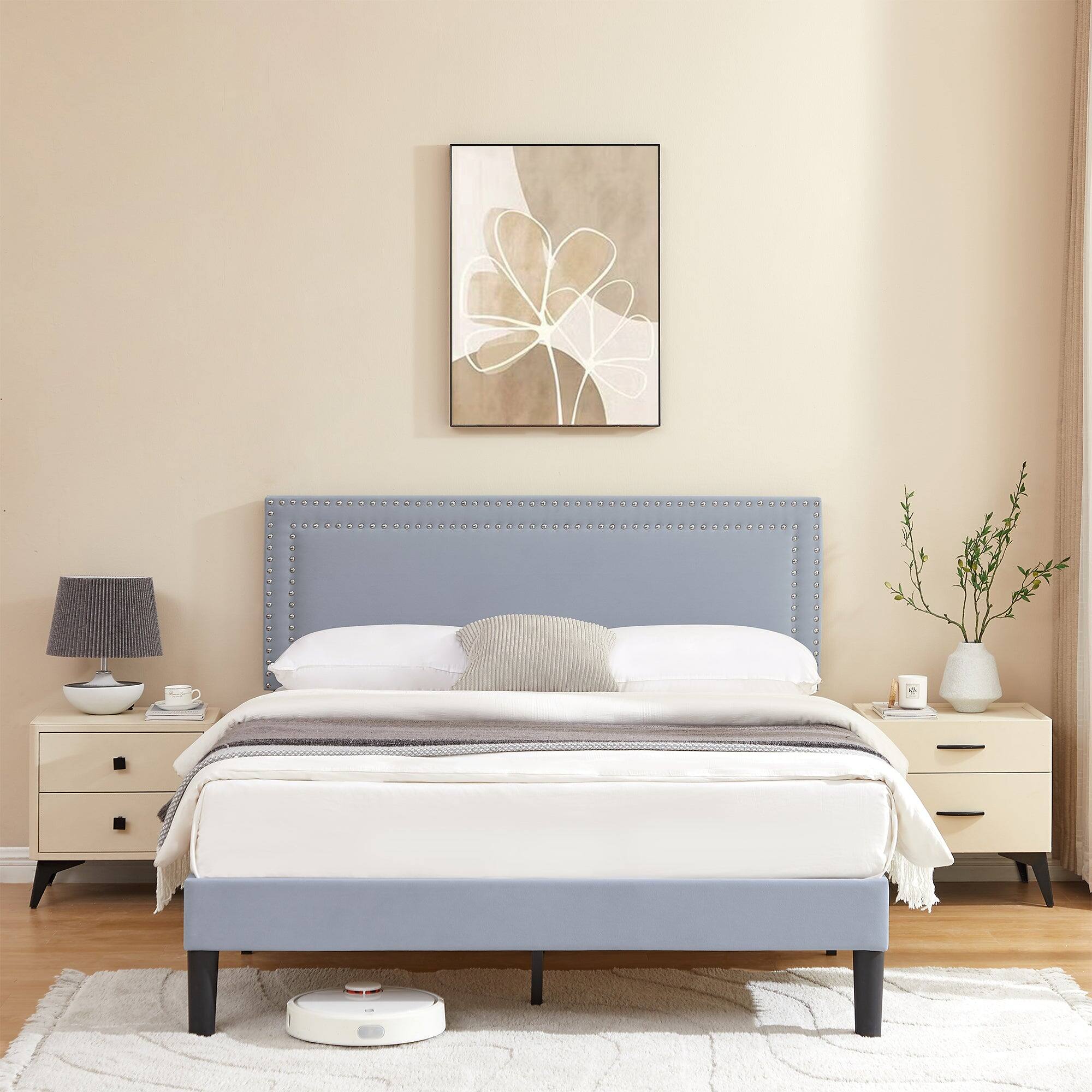 Back. Vecelo - Queen Size Platform Bed Frame with Adjustable Upholstered Headboard, Strong Wood Slat Support,No Box Spring Needed - Light Gray.
