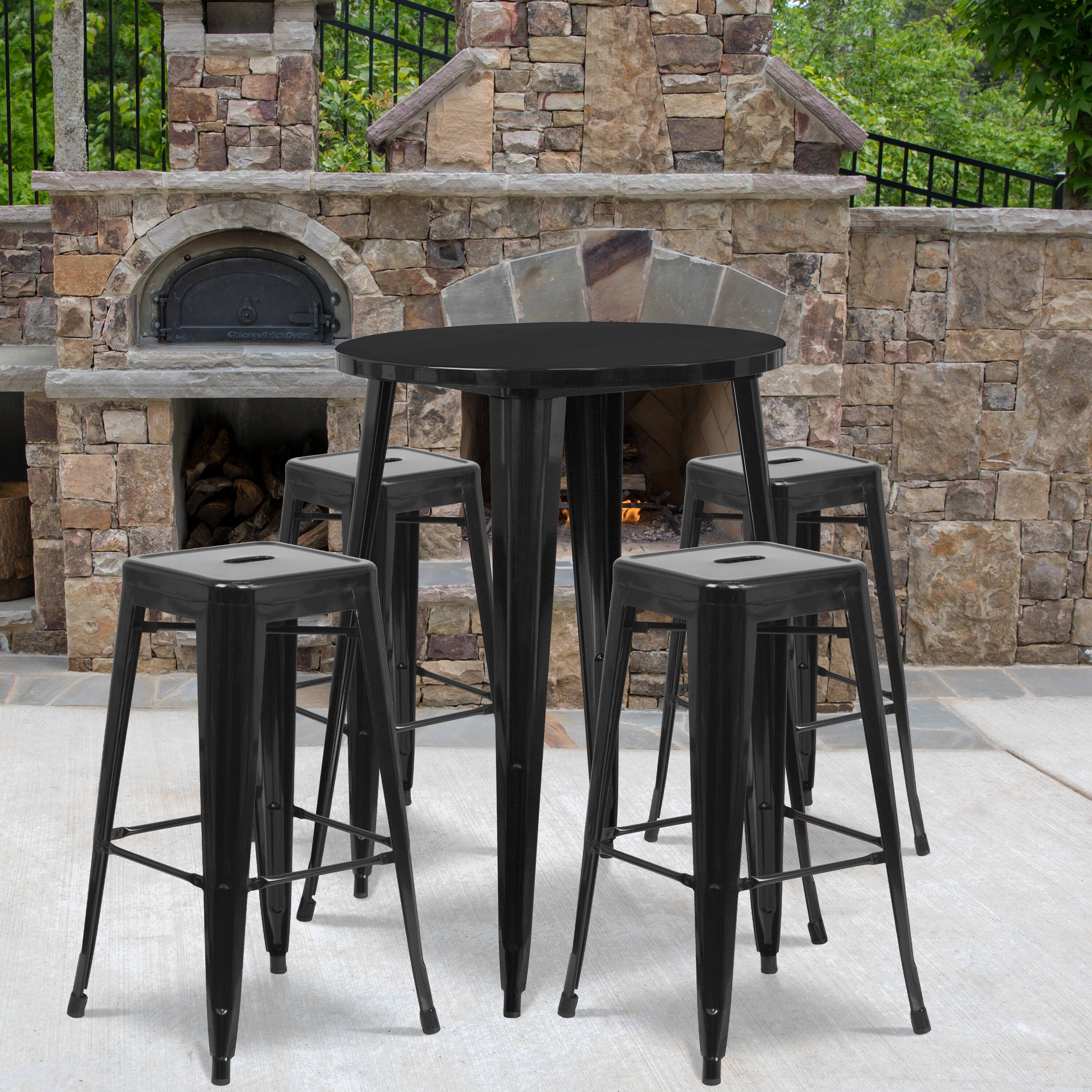 Angle. Flash Furniture - Coby Commercial Grade 30" Round Black Metal Indoor-Outdoor Bar Table Set with 4 Square Seat Backless Stools - Black.
