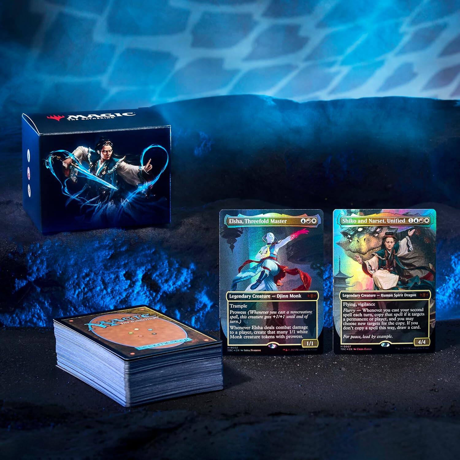 MAGIC: THE GATHERING

Elsha, Threefold Master
Legendary Creature — Djinn Monk
Trample, Prowess
(Whenever you cast a noncreature spell, this creature gets +1/+1 until end of turn.)
Whenever Elsha deals combat damage to a player, create that many 1/1 white Monk creature tokens with prowess.

Shikot and Narset, Unified
Legendary Creature — Human Spirit Dragon
Flying, vigilance
Flurry (Whenever you cast your second spell each turn, copy that spell if it targets a permanent or player, and you may choose — cast it for the copy.)
For peace, lead by example.
(If a spell you copy this way targets a permanent or player, you may choose new targets for the copy.)
For peace, lead by example.