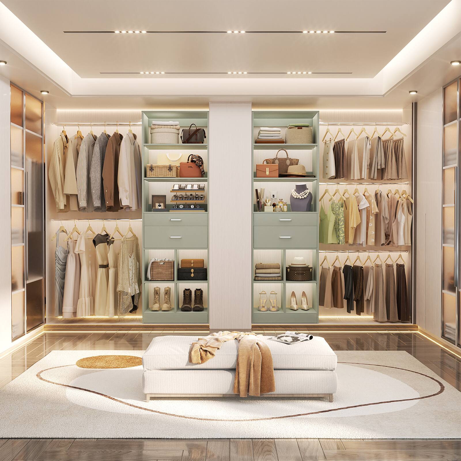 Back. Aheaplus - 4-8 FT Walk-in Closet Organizer with 2 Wood Drawers, 5 Hang Rods & Built-in Shelves - Fits 60-96'' Closets - Cyan.