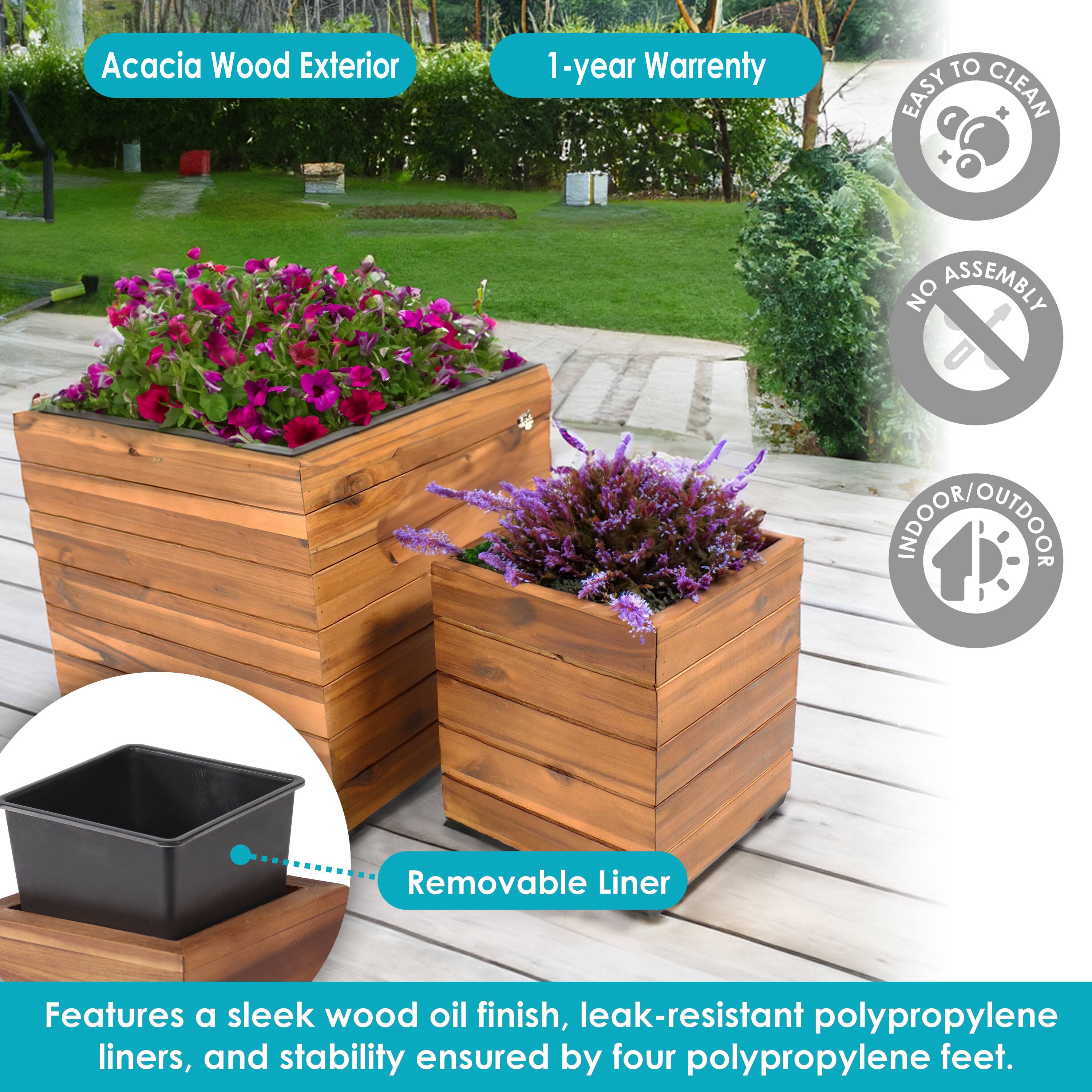 Acacia Wood Exterior  
1-year Warranty  
Easy to Clean  
No Assembly  
Indoor/Outdoor  
Removable Liner  

Features a sleek wood oil finish, leak-resistant polypropylene liners, and stability ensured by four polypropylene feet.