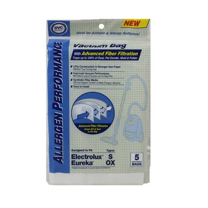 NEW
Ideal for Asthma & Allergy Sufferers!
Vacuum Bag
With Advanced Fiber Filtration
Traps up to 100% of Dust, Pet Dander, Mold & Pollen
- 3-Ply Construction is Stronger than Paper
- Improved Vacuum Performance
- Synthetic Filter Media
- Easy to Install
Advanced Fiber Filtration
Keeps Dirt & Dust in the Bag
Designed to Fit
Electrolux®
Eureka®
Types: S OX
5 Disposable Bags
DVC BRAND