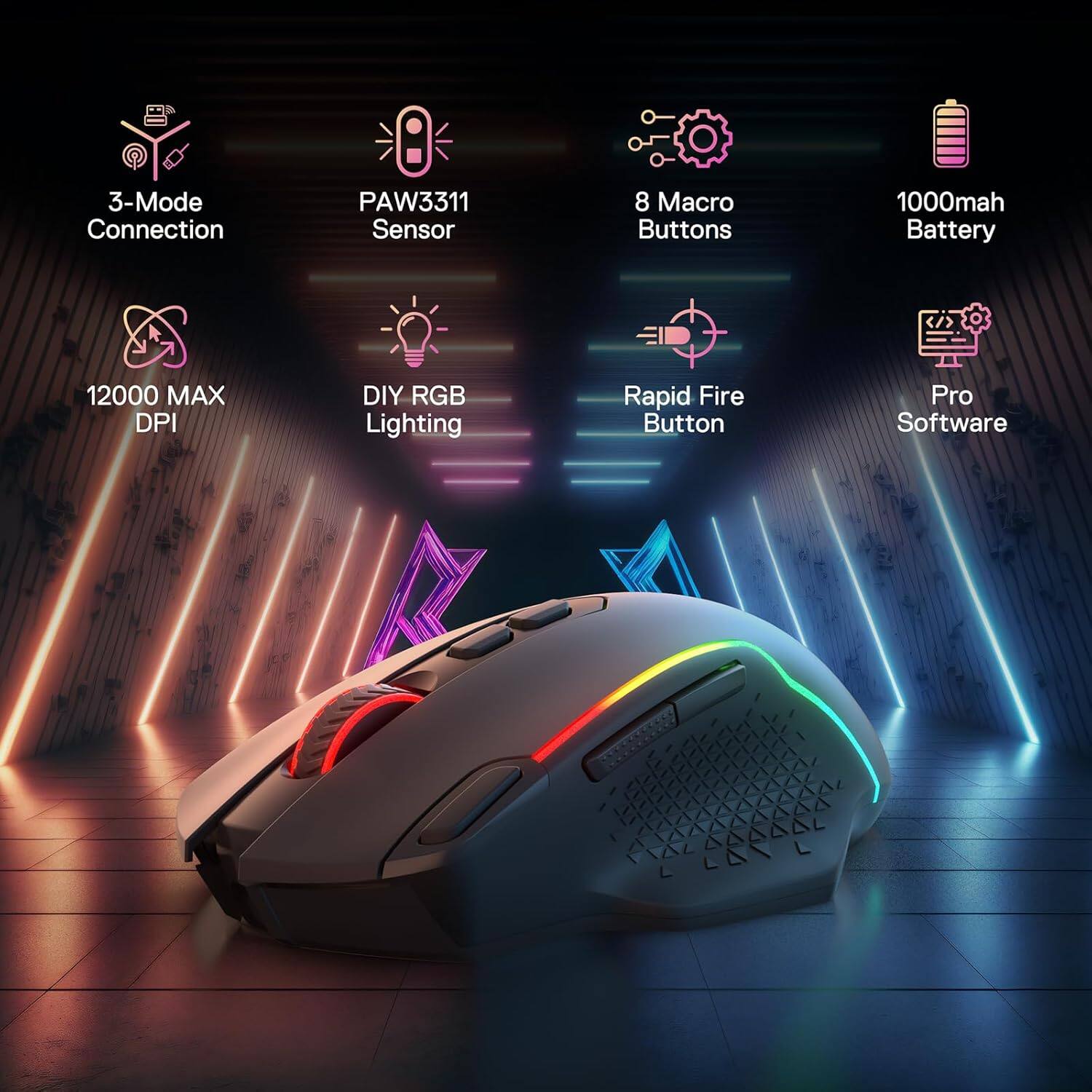 3-Mode Connection  
PAW3311 Sensor  
8 Macro Buttons  
1000mah Battery  
12000 MAX DPI  
DIY RGB Lighting  
Rapid Fire Button  
Pro Software