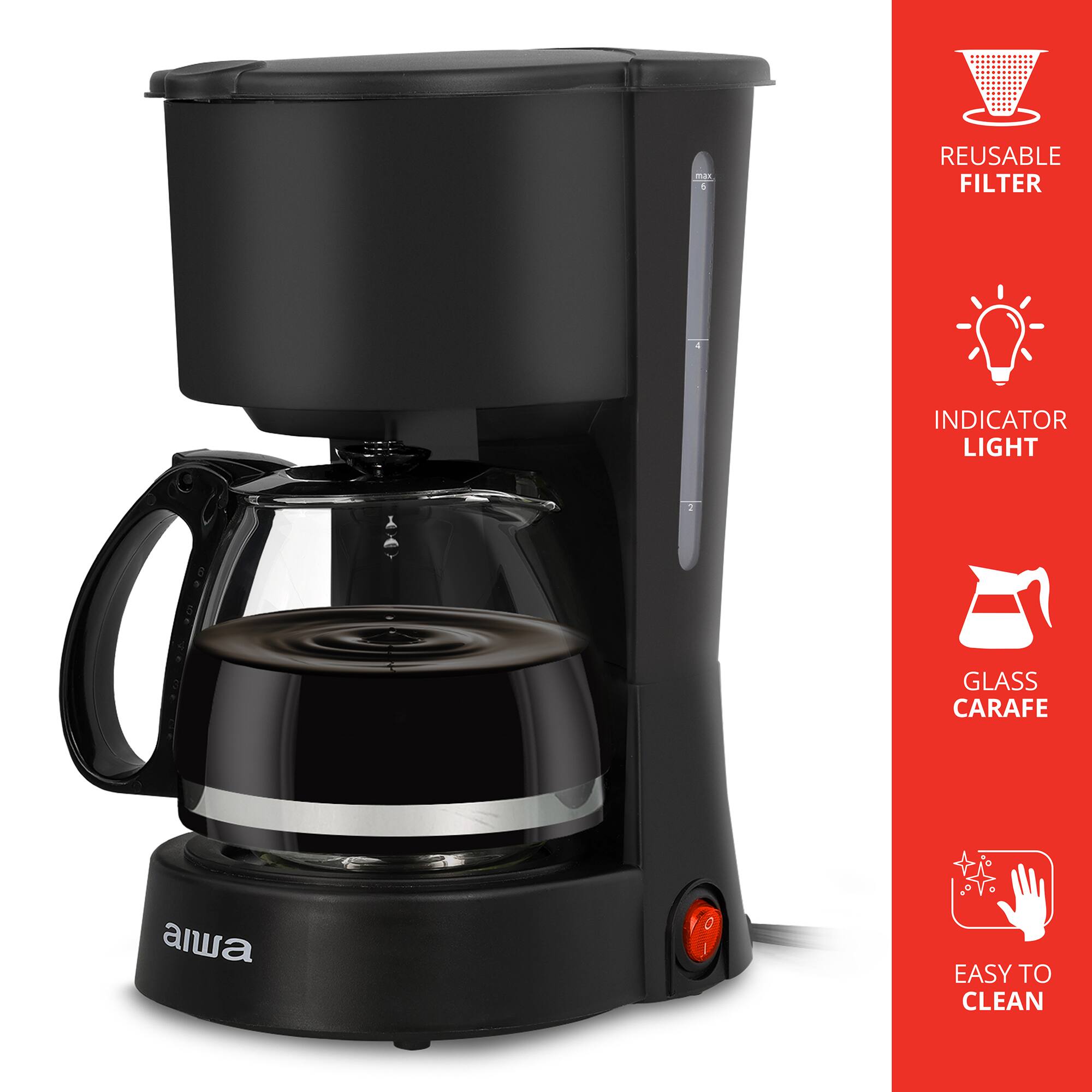 1. REUSABLE FILTER
2. INDICATOR LIGHT
3. GLASS CARAFE
4. EASY TO CLEAN