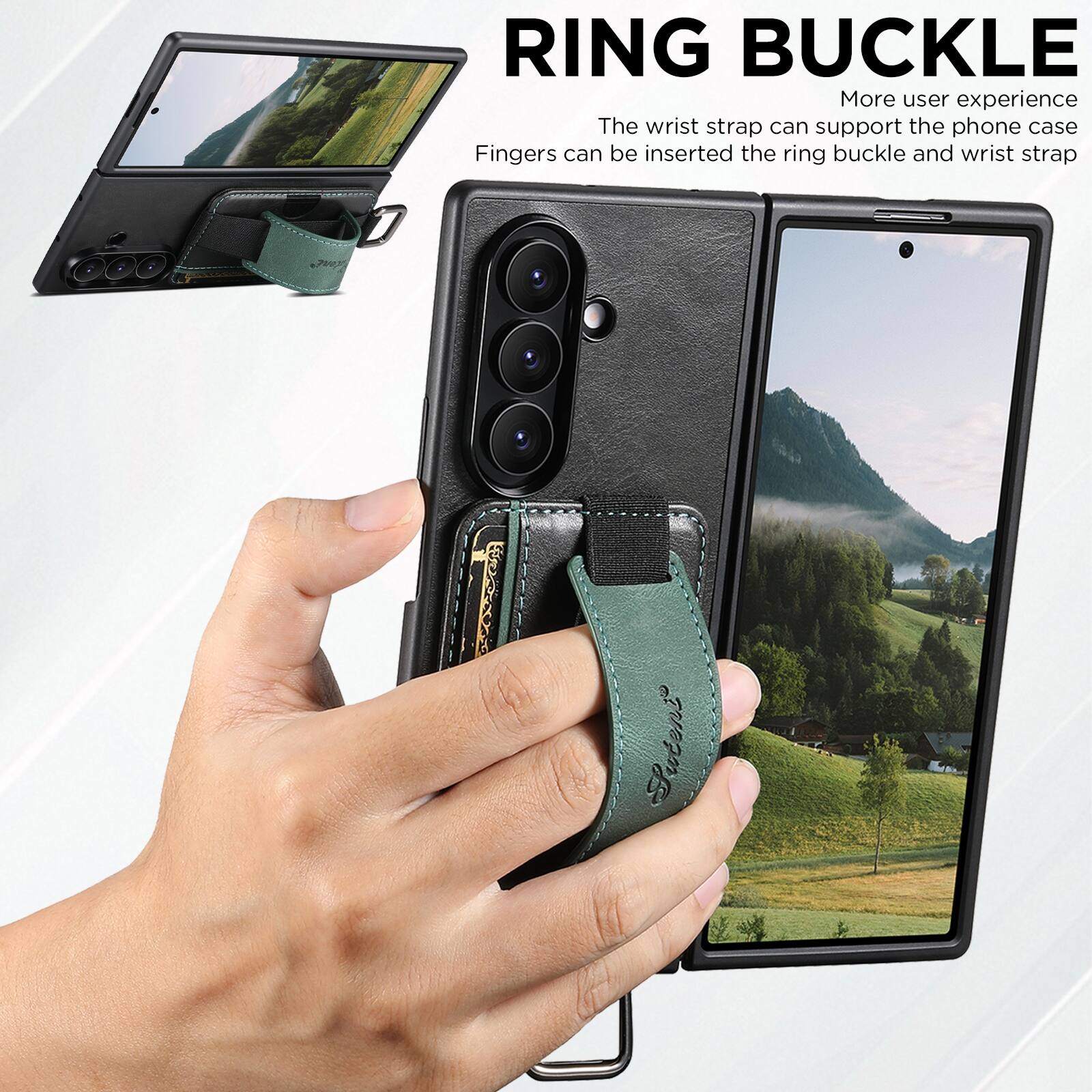 RING BUCKLE  
More user experience  
The wrist strap can support the phone case  
Fingers can be inserted the ring buckle and wrist strap