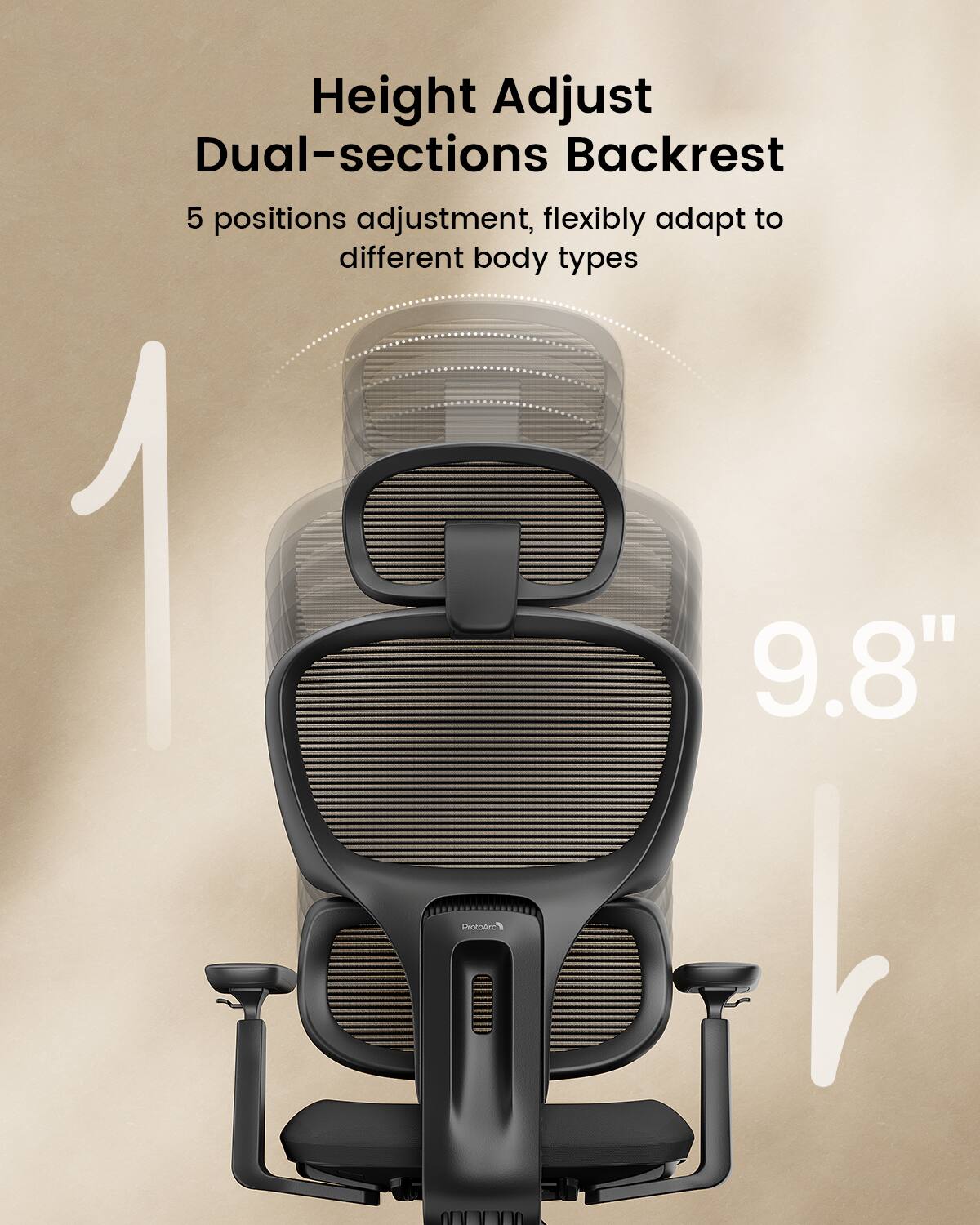 Height Adjust Dual-sections Backrest  
5 positions adjustment, flexibly adapt to different body types  
9.8"