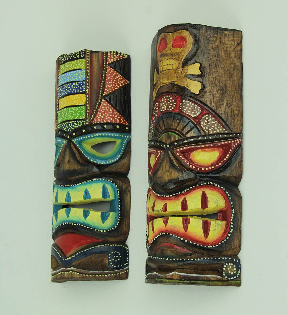 Alt View 1. Chesapeake Bay - 12 inch Tall Hand Crafted Wooden Tiki Totem Wall Mask Set of 2 - Multicolored.