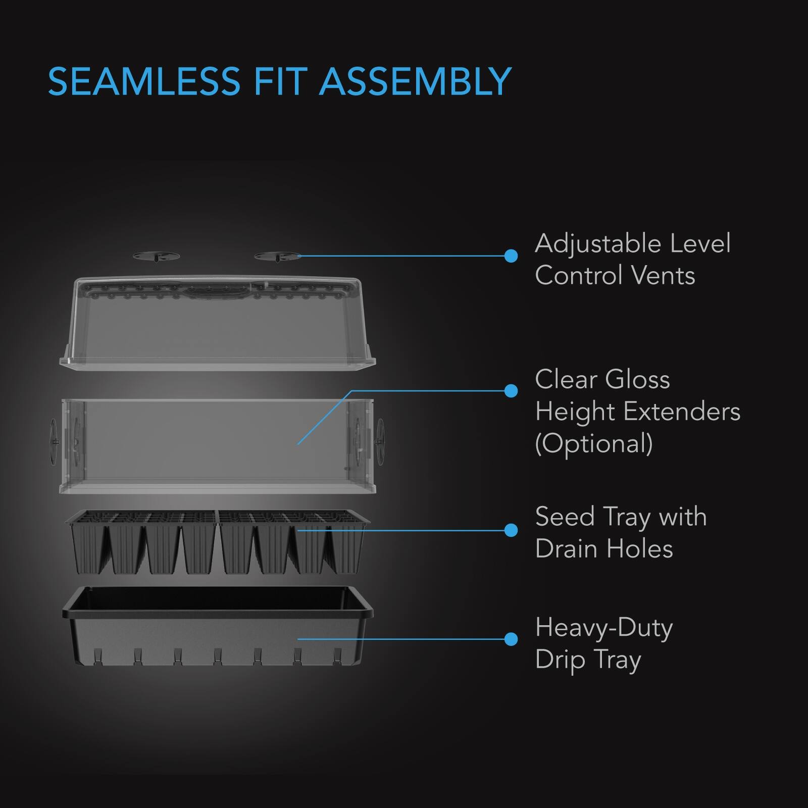 SEAMLESS FIT ASSEMBLY

- Adjustable Level Control Vents
- Clear Gloss Height Extenders (Optional)
- Seed Tray with Drain Holes
- Heavy-Duty Drip Tray
