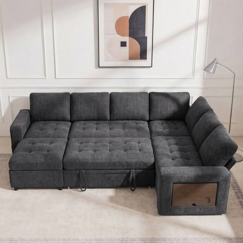 Angle. Dyonery - 102" Modular Sectional Sleeper Sofa with Pull Out Bed, Modern 5 Seat L Shaped with Reclining Backrest//USB/LED Light. - Grey.