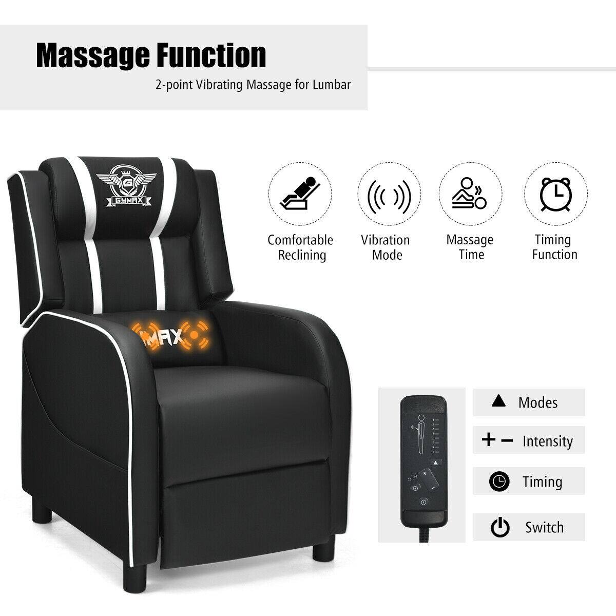 Massage Function  
2-point Vibrating Massage for Lumbar

Comfortable Vibration Reclining Mode  
Massage Time  
Timing Function  
MAX  
Modes  
+ - Intensity  
14  
Timing  
Switch