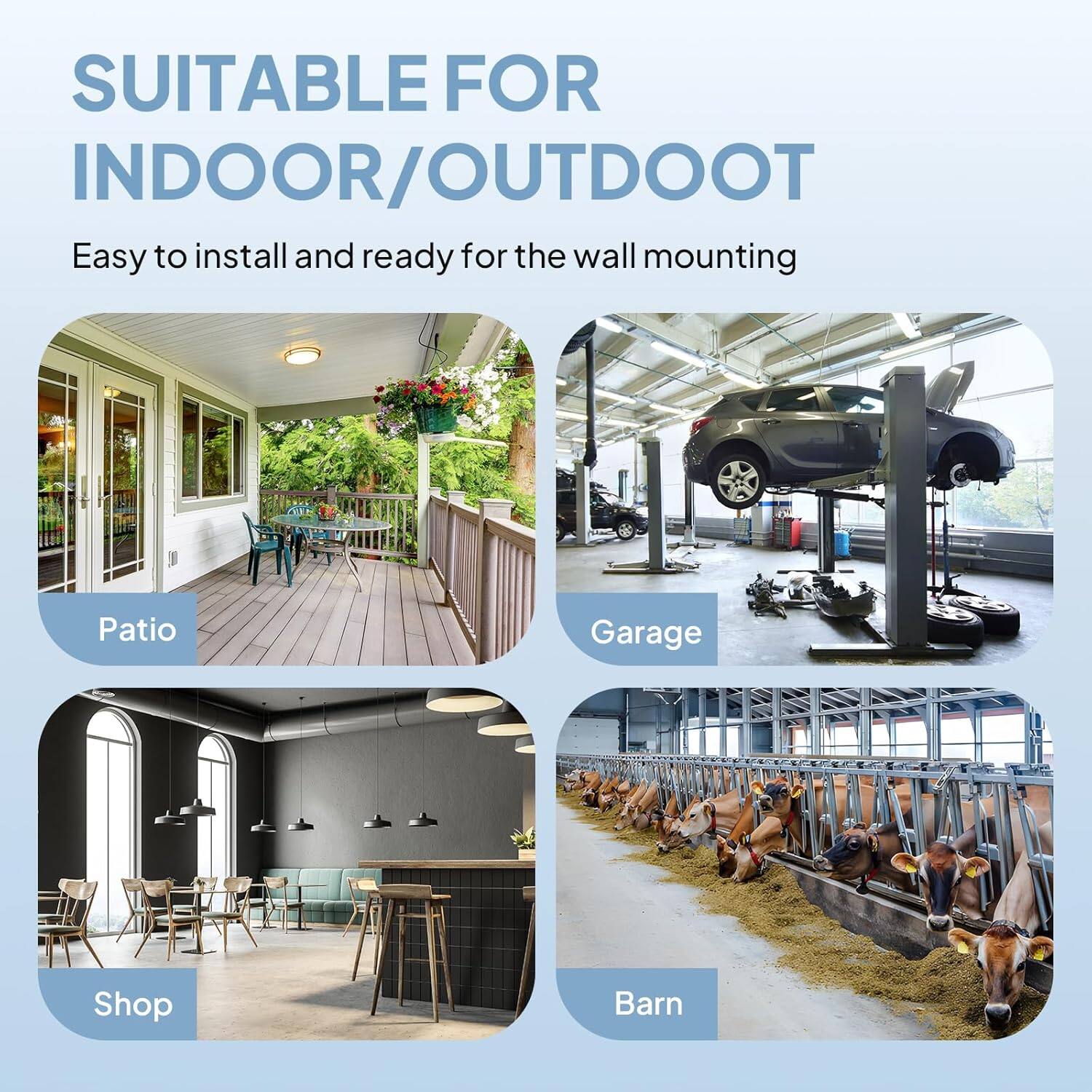 SUITABLE FOR INDOOR/OUTDOOR  
Easy to install and ready for the wall mounting  

Patio  
Garage  
Shop  
Barn