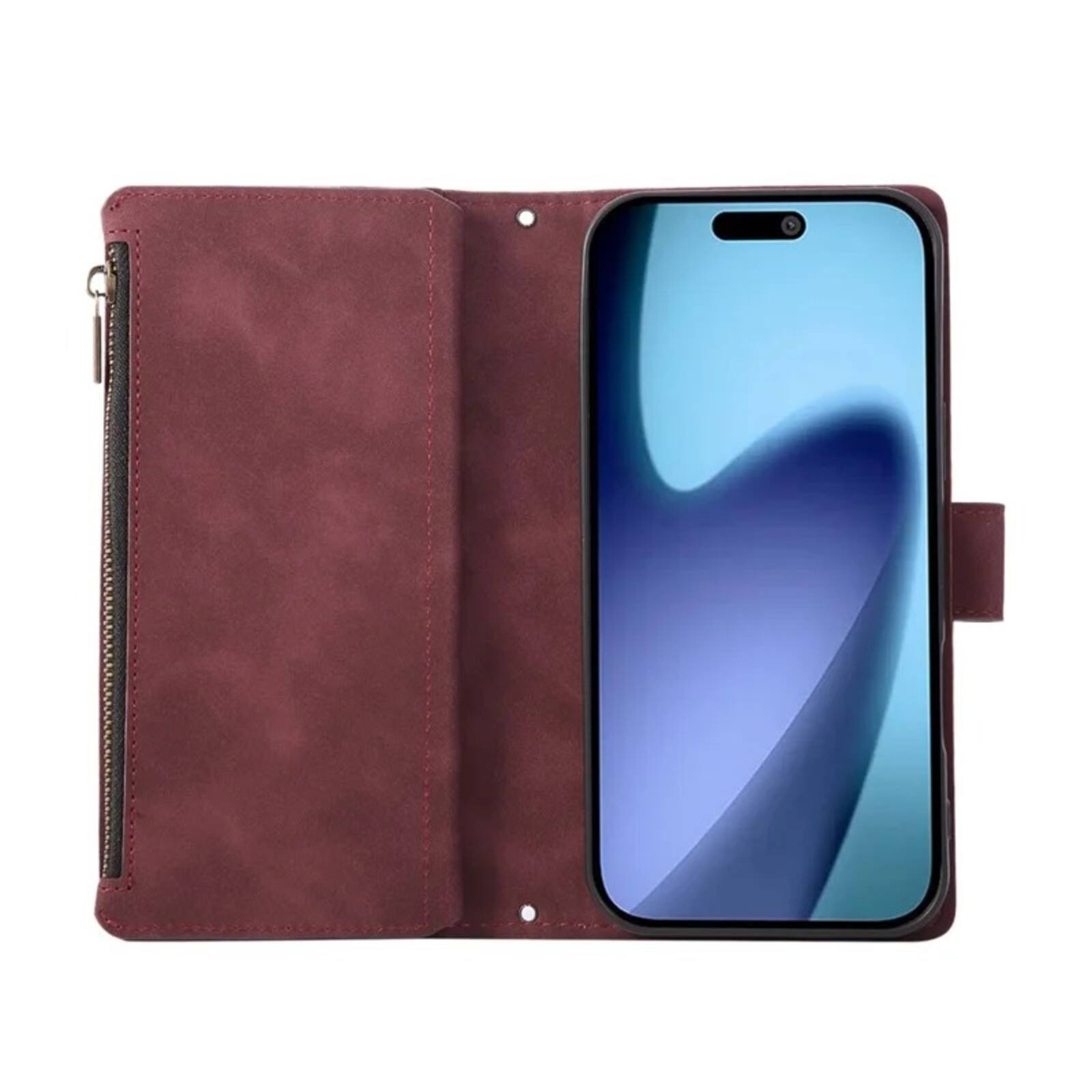 Back. UUCOVER - Wallet Case for Apple iPhone 17 Pro with Card Slots Cash Holder, Zipper Pocket, Wrist & Shoulder Strap, Flip Stand Cover - Winered.