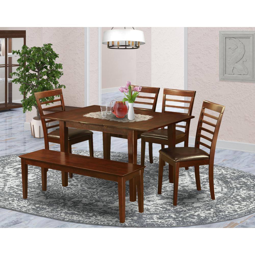 Back. East West Furniture - 6 Pc Kitchen Table with bench -Kitchen Tables with 4 Kitchen Chairs and Bench - Mahogany.
