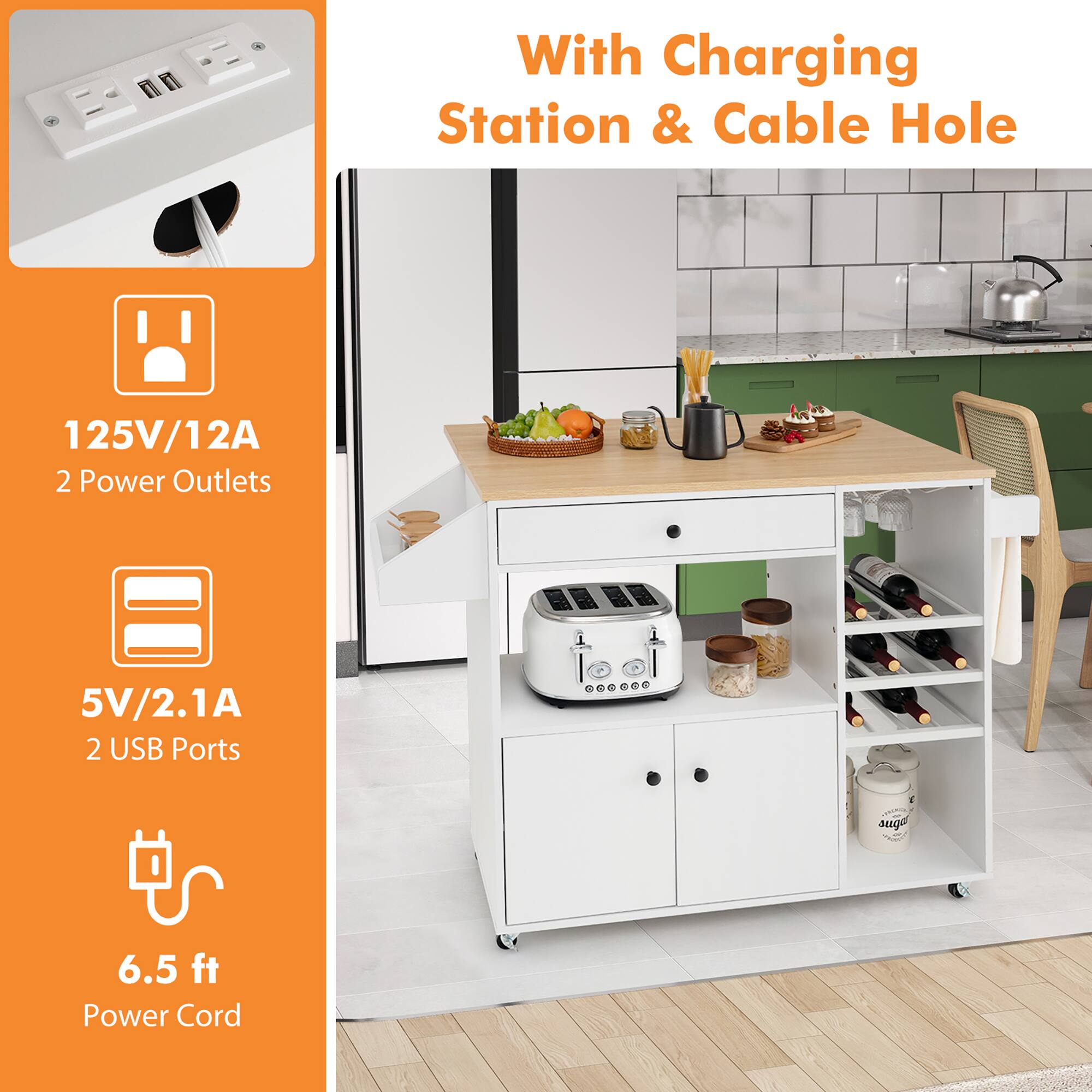 With Charging Station & Cable Hole

125V/12A  
2 Power Outlets

5V/2.1A  
2 USB Ports

6.5 ft Power Cord