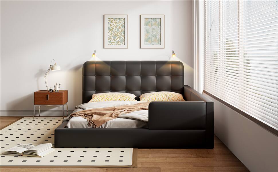 Alt View 9. Tiramisubest - Queen Size Upholstered Platform Bed with 2 Reading Lights, Black - Black.