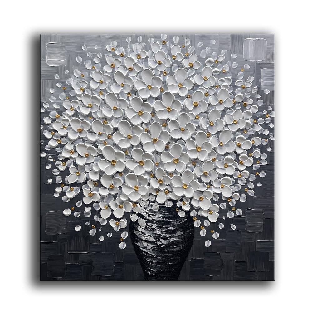 Front. Fabibe - hand painted Oil Painting On Canvas white Flowers Paintings Modern Home Interior Decor Abstract Art picture Ready to han - YS001A 24"L x 24"W.