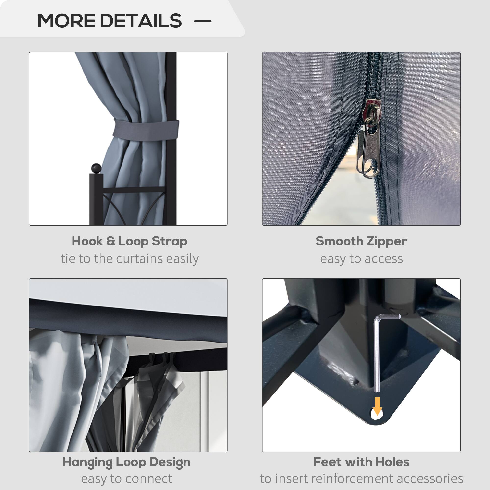 - Hook & Loop Strap: tie to the curtains easily
- Smooth Zipper: easy to access
- Hanging Loop Design: easy to connect
- Feet with Holes: to insert reinforcement accessories