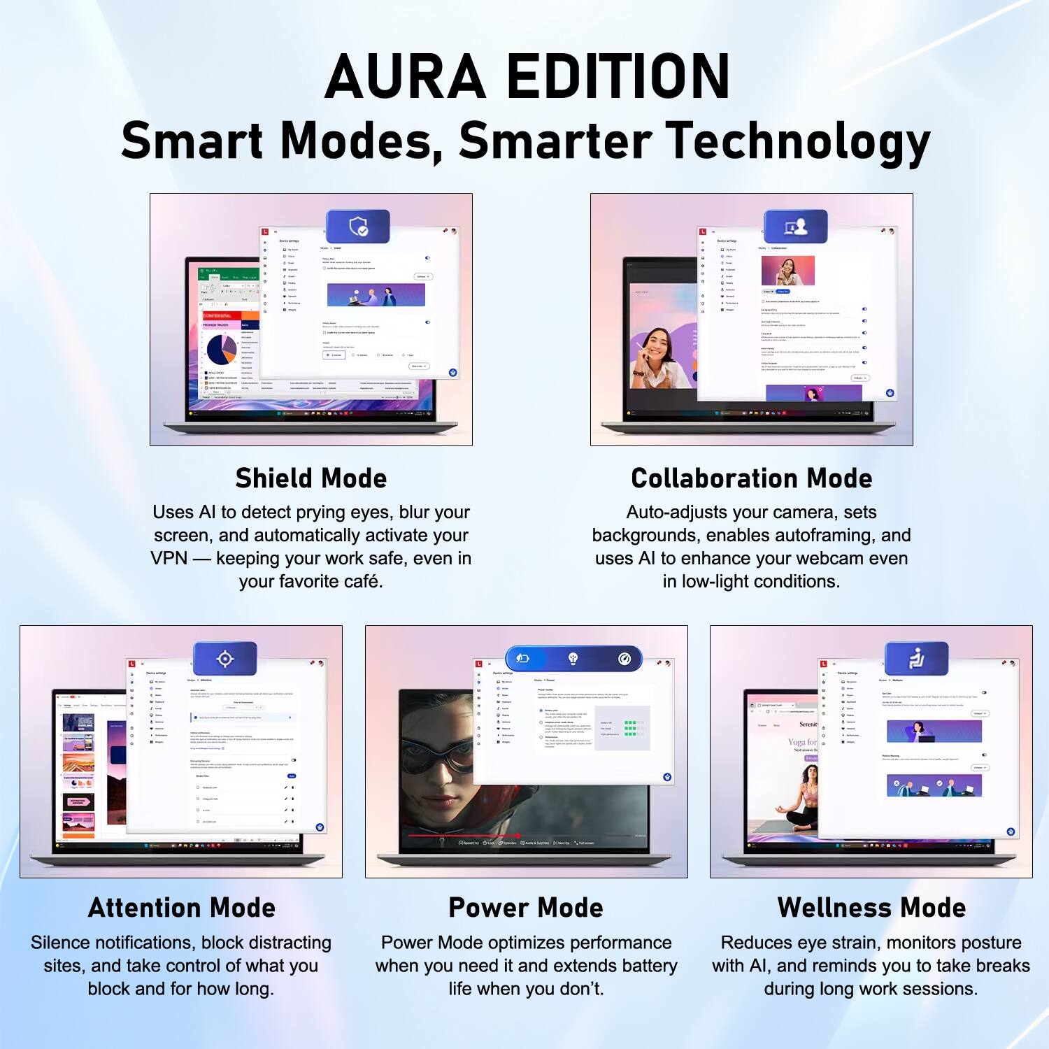 AURA EDITION Smart Modes, Smarter Technology

Shield Mode
Uses AI to detect prying eyes, blur your screen, and automatically activate your VPN — keeping your work safe, even in your favorite café.

Collaboration Mode
Auto-adjusts your camera, sets backgrounds, enables autoframing, and uses AI to enhance your webcam even in low-light conditions.

Attention Mode
Silence notifications, block distracting sites, and take control of what you block and for how long.

Power Mode
Optimizes performance when you need it and extends battery life when you don't.

Wellness Mode
Reduces eye strain, monitors posture with AI, and reminds you to take breaks during long work sessions.