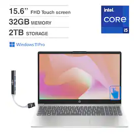 HP - 15t-fd000 Laptop 15.6 FHD (Intel i5-1334U, 32GB DDR4, 2TB PCIe SSD, Intel UHD, Win 11 Pro) w/USB Hub - Natural Silver