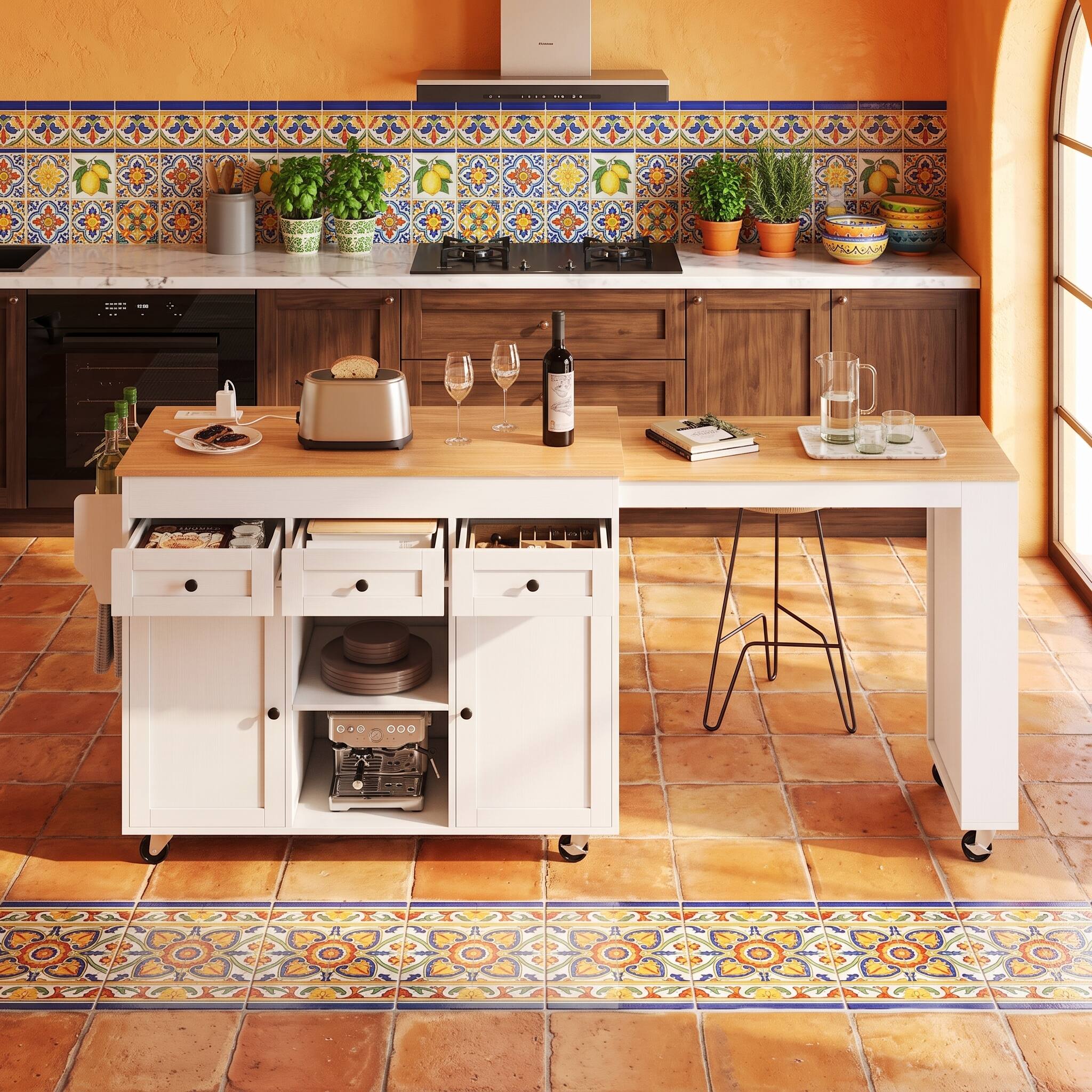 Alt View 9. Forest'nSky - 85.5 in. Kitchen Island with Extendable Dining Table, Storage, and Power Outlet, White - White.
