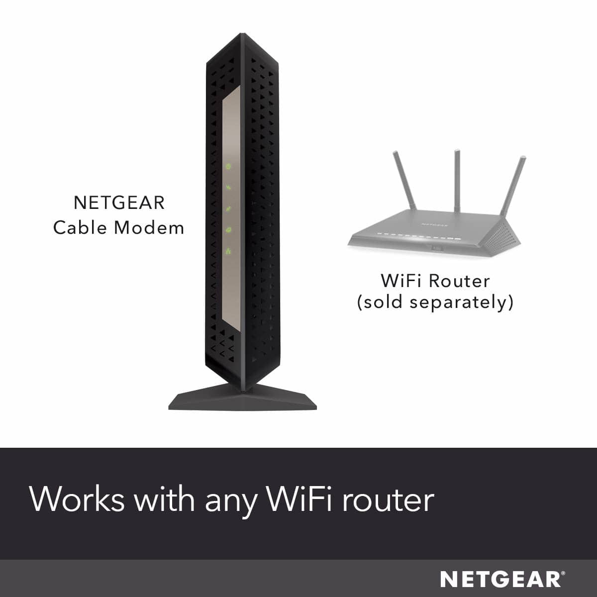 NETGEAR Cable Modem WiFi Router (sold separately) Works with any WiFi router NETGEAR