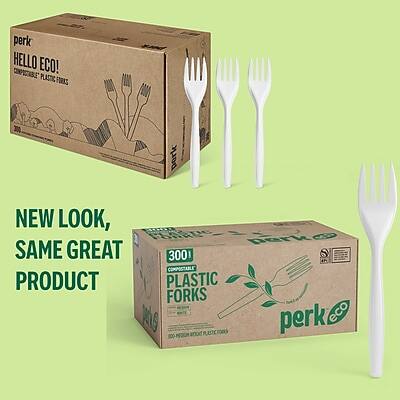 NEW LOOK, SAME GREAT PRODUCT

perk HELLO ECO!
COMPPOSTABLE PLASTIC CUTLERY

perk 300 COMPPOSTABLE PLASTIC FORKS
100% RECYCLED PLASTIC CUTLERY