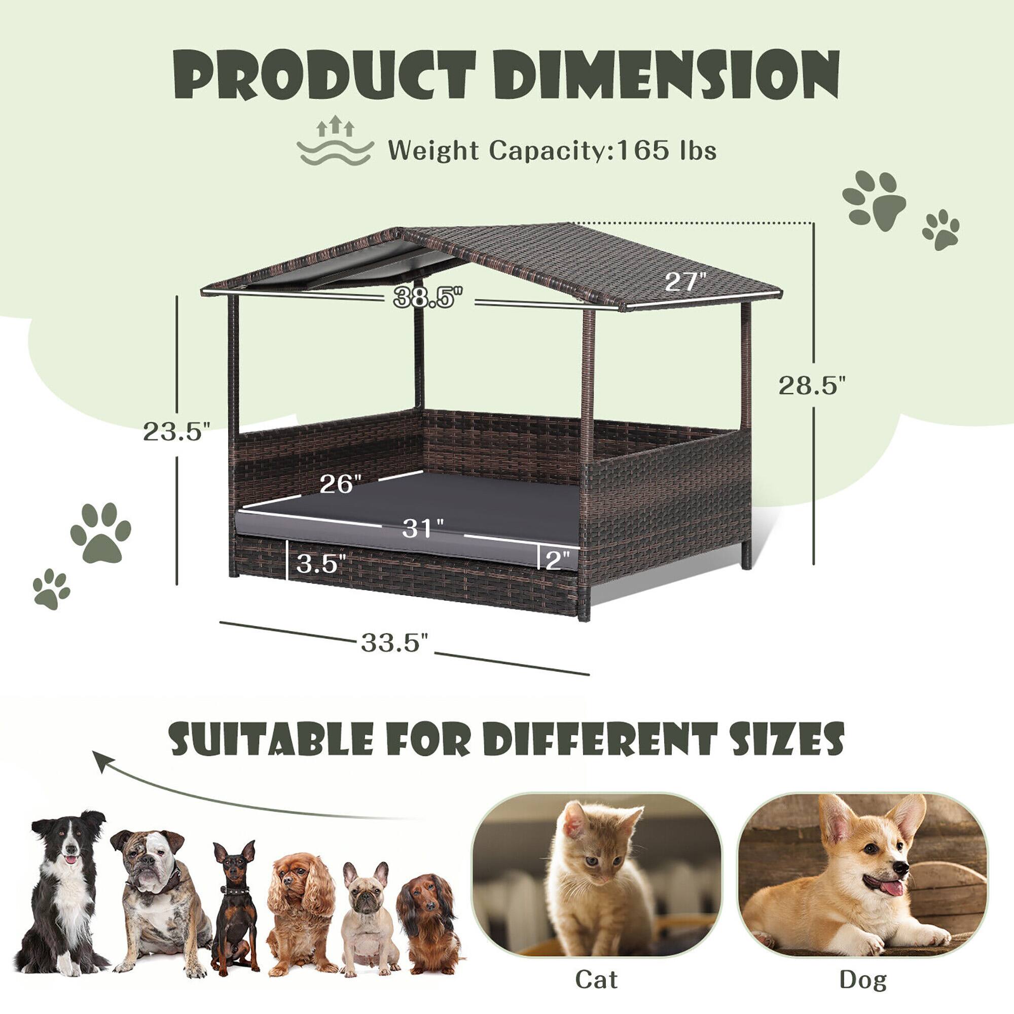 **PRODUCT DIMENSION**

- Weight Capacity: 165 lbs
- 38.5" (length)
- 27" (width)
- 28.5" (height)
- 23.5" (depth)
- 26" (side height)
- 3.5" (base height)
- 31" (front height)
- 2" (roof height)
- 33.5" (overall height)

**SUITABLE FOR DIFFERENT SIZES**

- Cat
- Dog